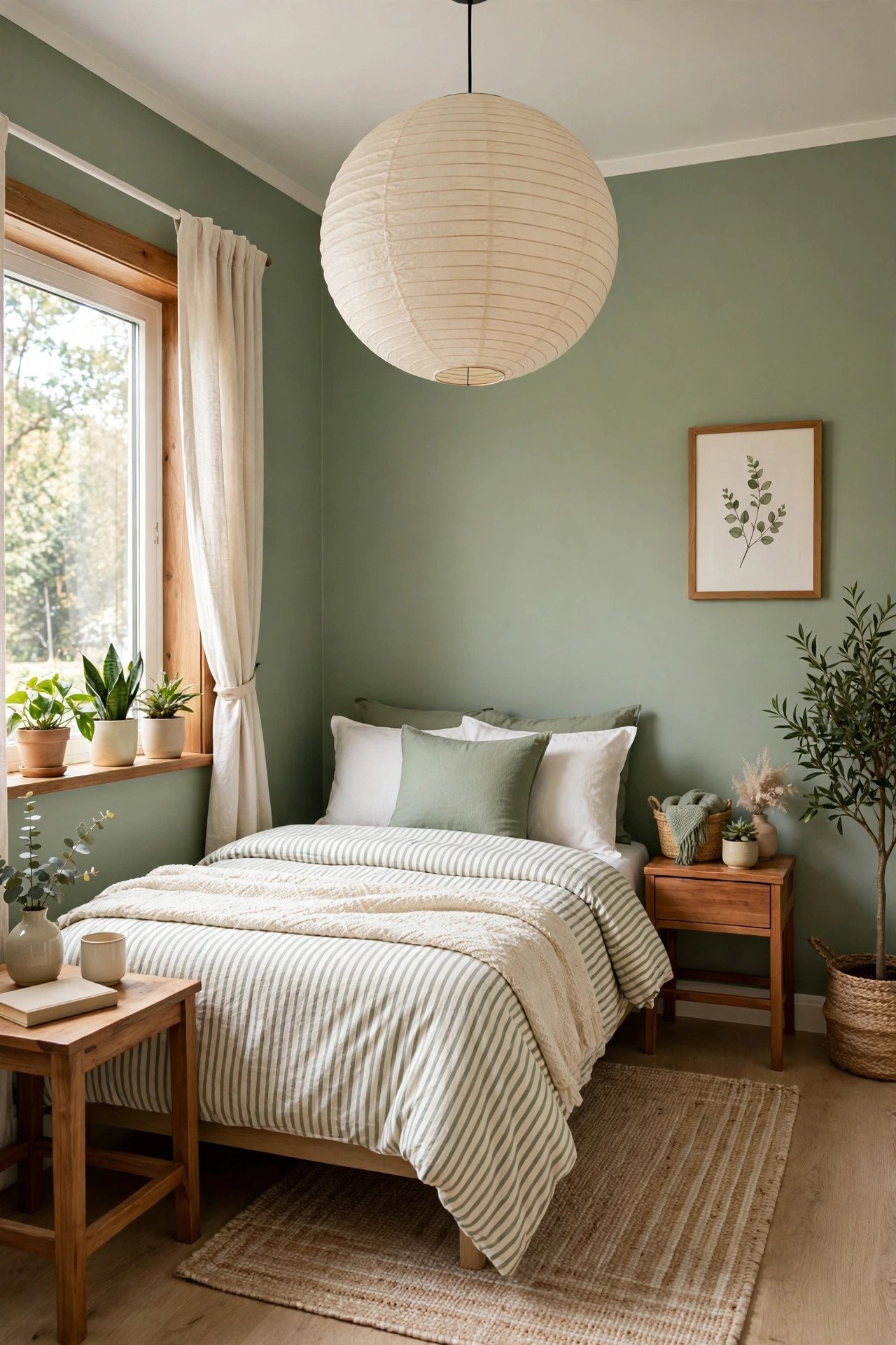 Calm green small guest room layout with sage walls, easy-care plants, striped bedding, and a large paper lantern