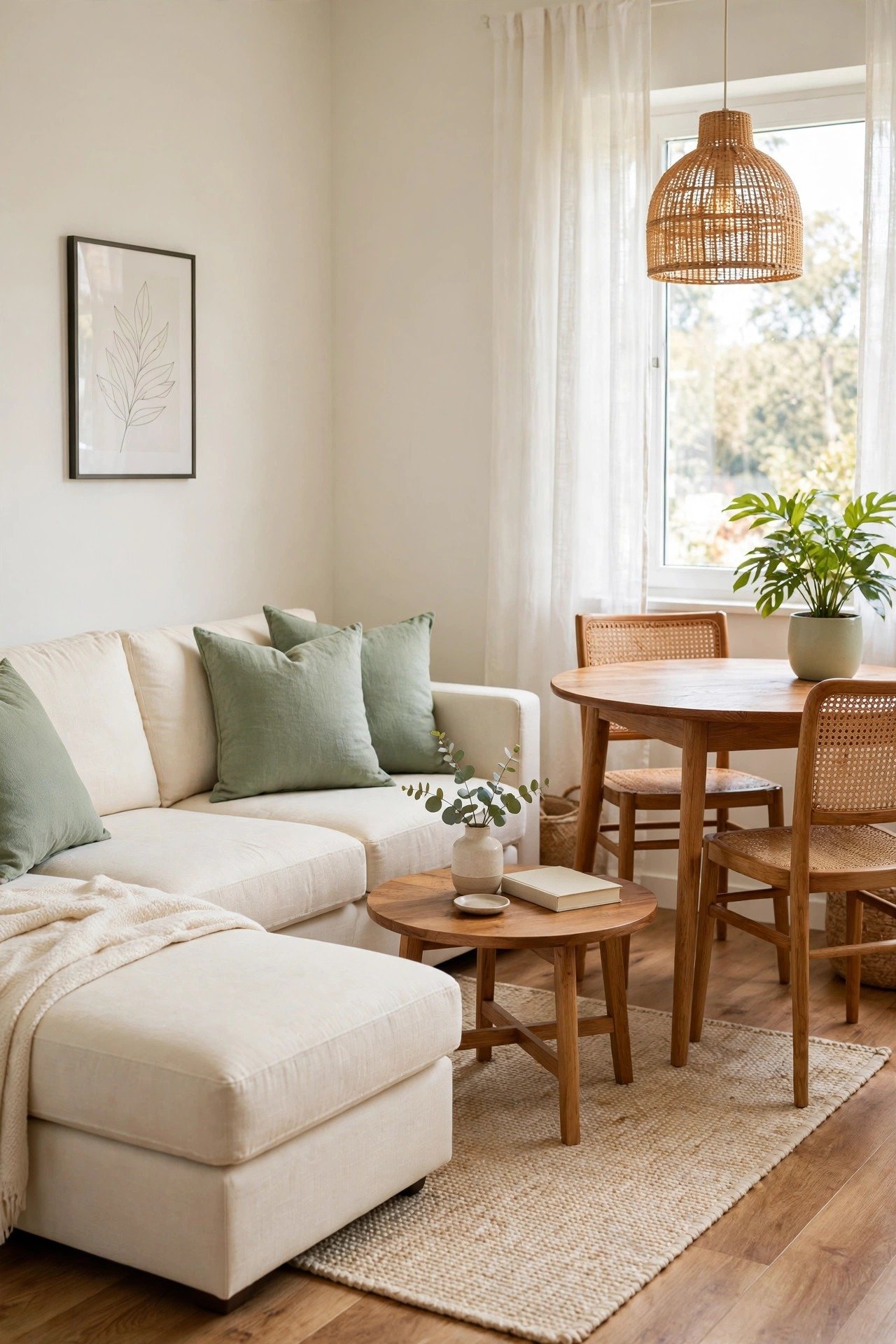 Compact sectional sofa anchoring the living zone in a small living dining combo, dining table nearby
