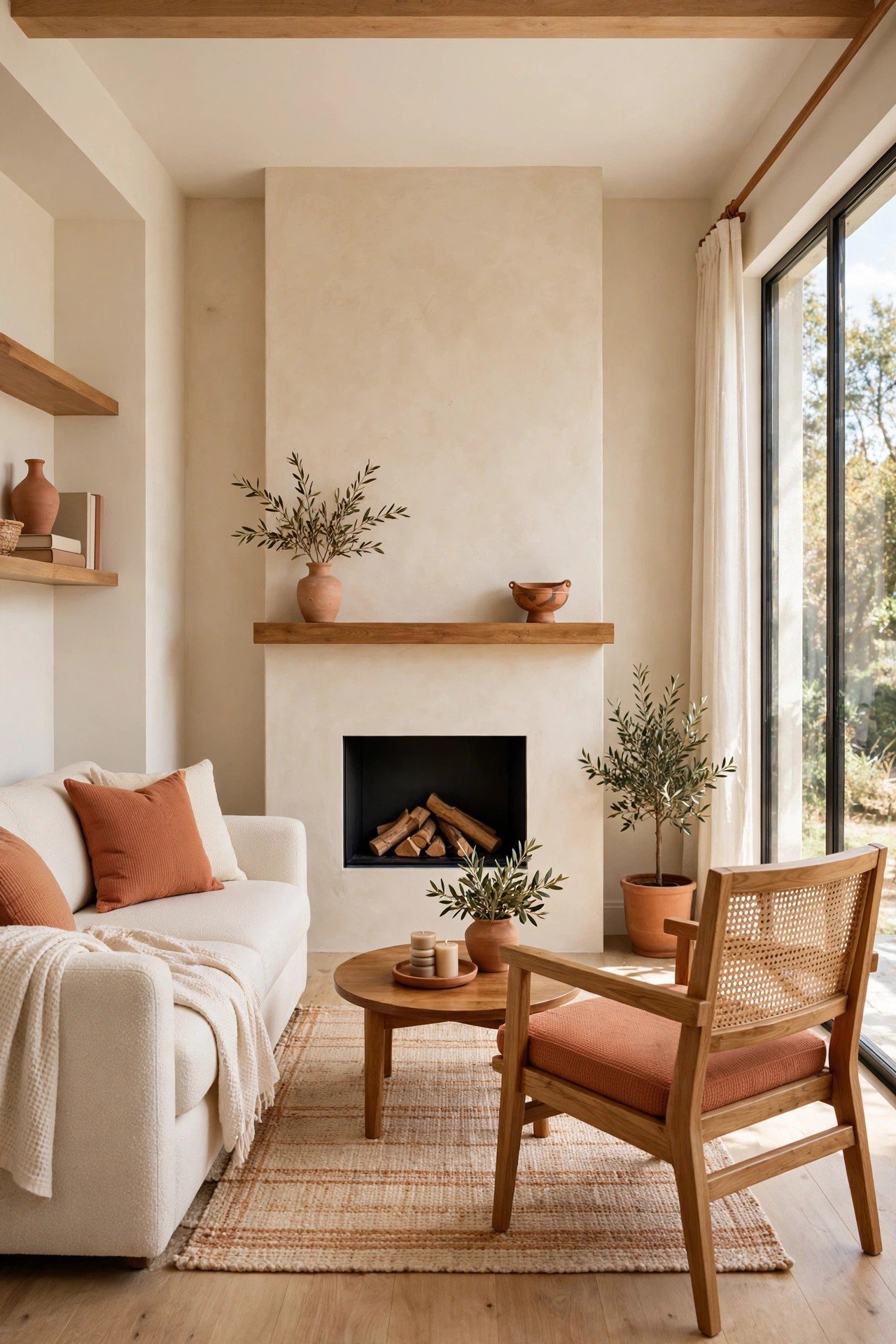 Small living room layout ideas with a sofa and one chair arranged around a small fireplace as the focal point