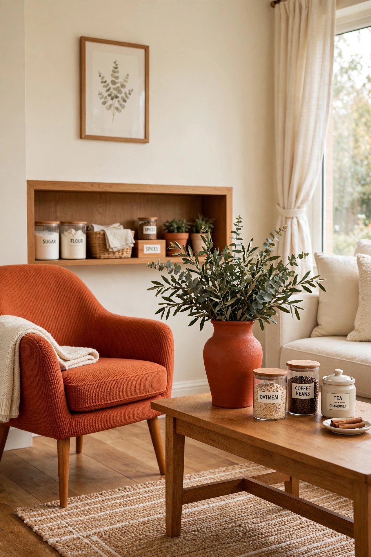 Bold colorful thrifted vase and accent chair adding a pop of terracotta color to a neutral living room