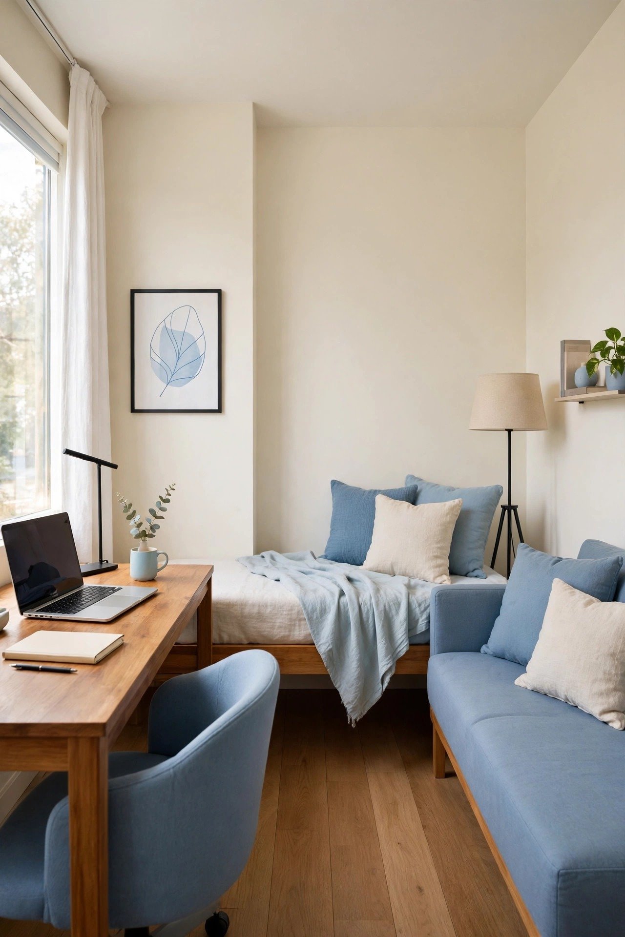 Tiny studio apartment layout idea showing a multifunctional room changing from daytime office to evening lounge in soft blue tones