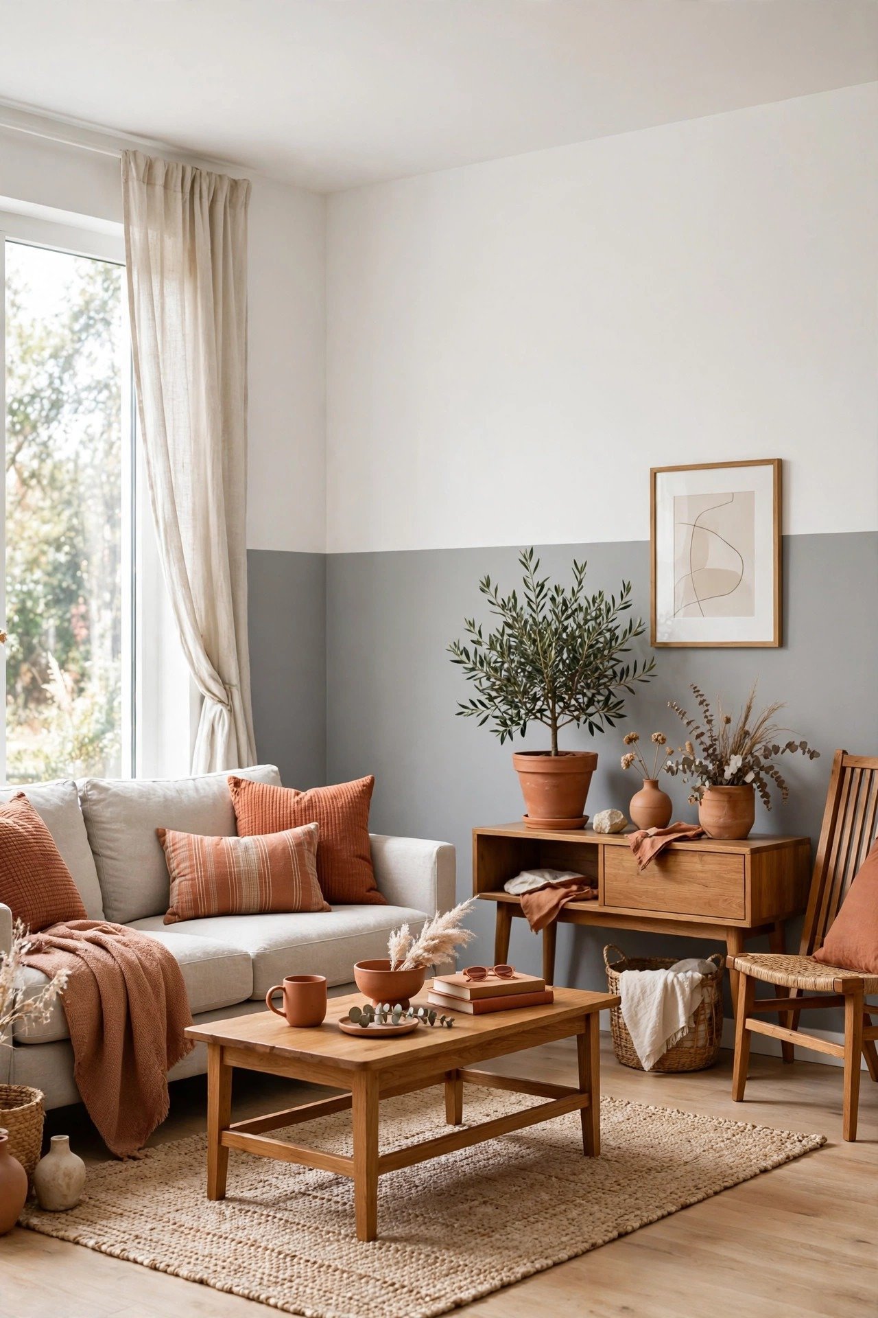 Gray and white two tone wall paint ideas with soft gray and clean white for a minimalist modern living room