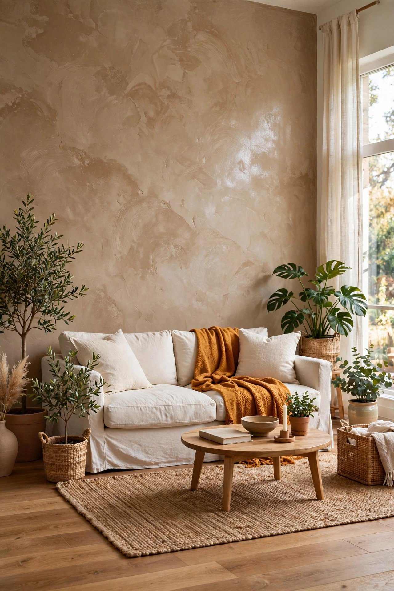 Eco-friendly textured Venetian plaster wall in a natural styled living room with plants