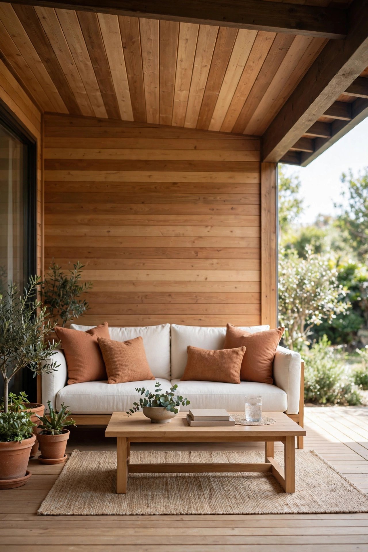 Wooden deck under a roof overhang with sheltered seating area