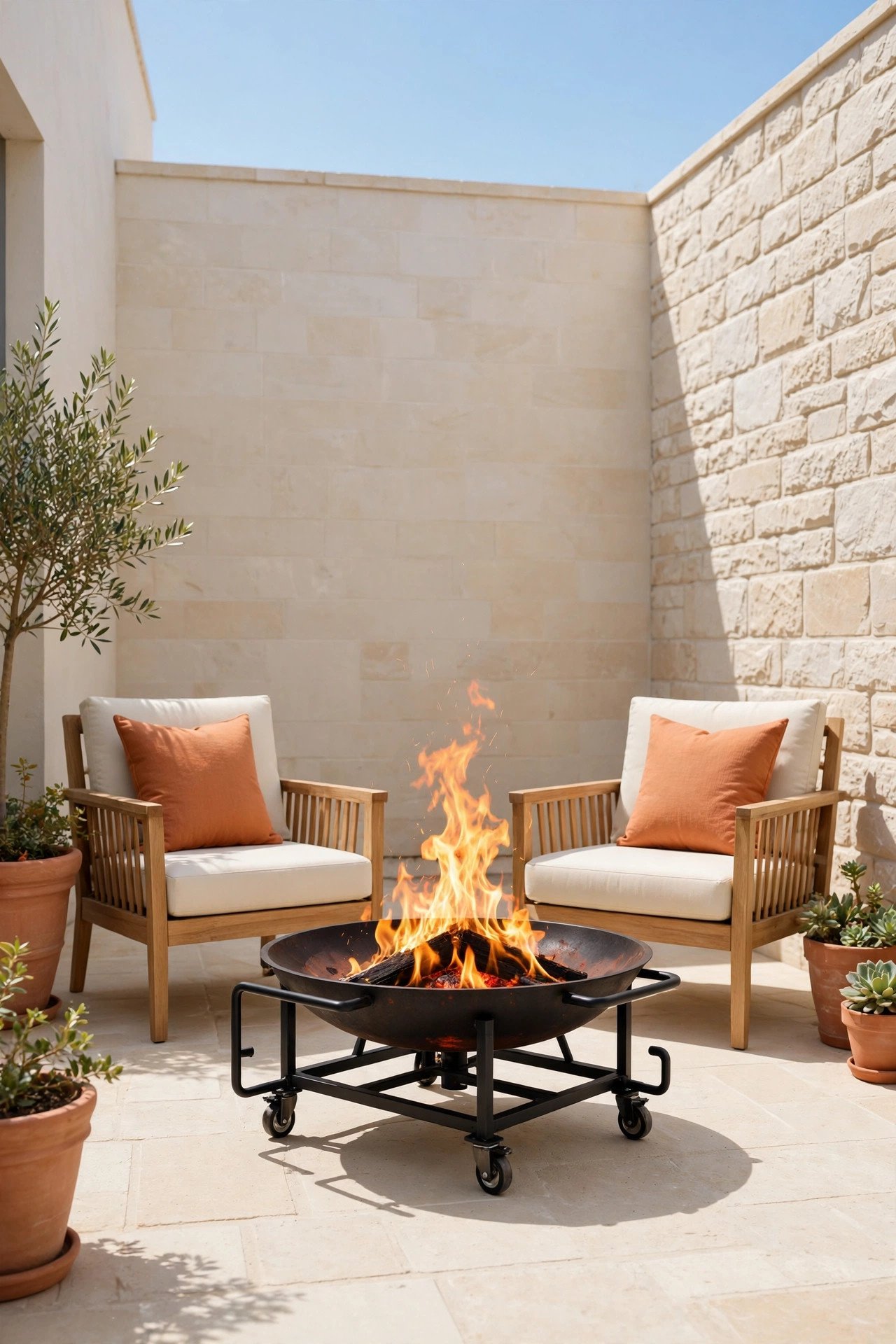 Movable iron fire bowl in a walled courtyard with terracotta pillows