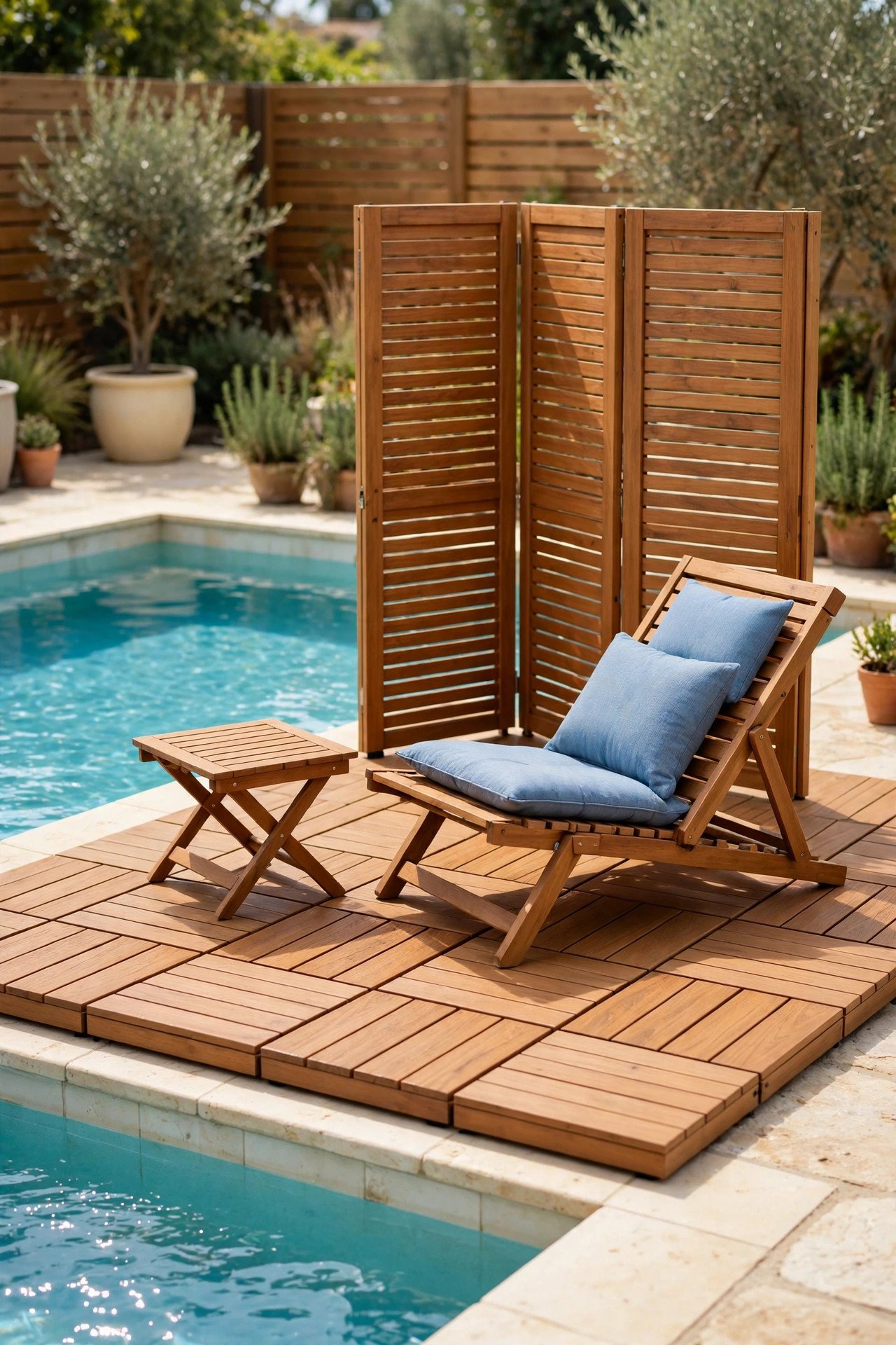 Modular pool deck with foldable lounge furniture