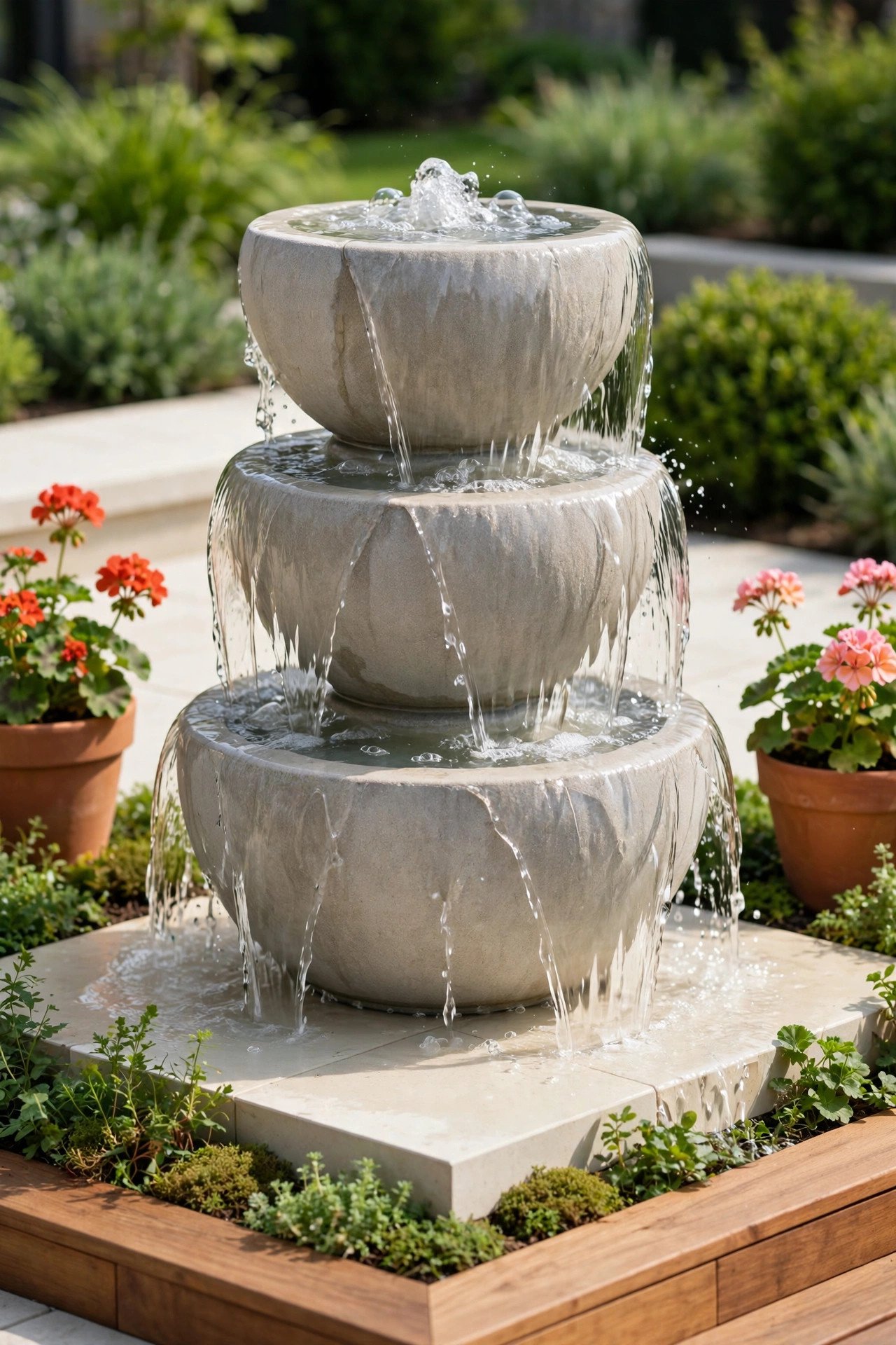 Stacked stone urns with water overflowing