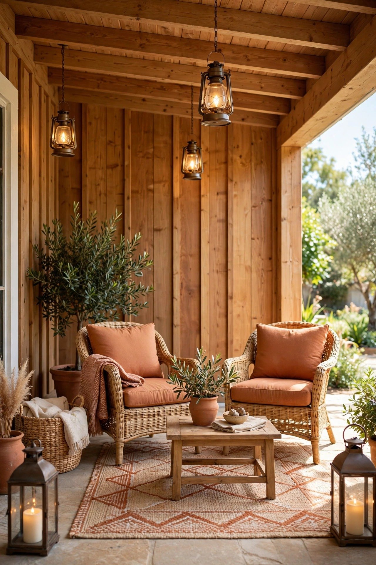 Covered porch with natural wood board and batten walls, wicker chairs, and warm lanterns