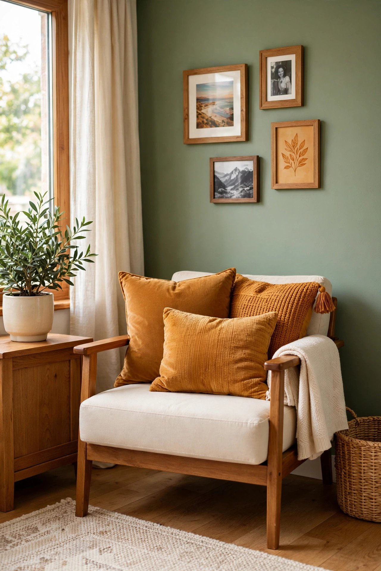 Warm living room corner with green wall, layered cushions, and personal wall decor