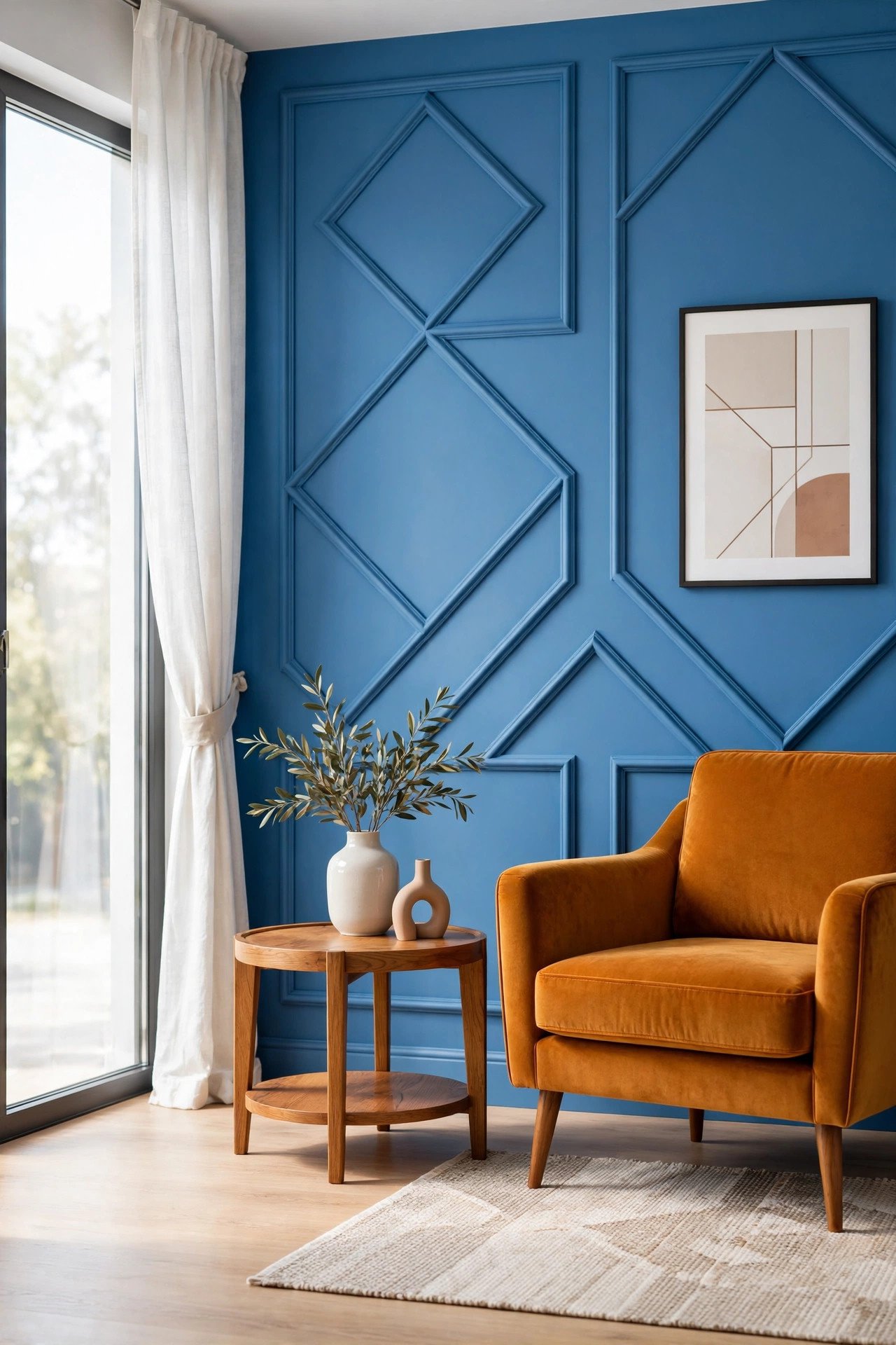 Azure blue wall with bold geometric molding pattern and modern decor accents