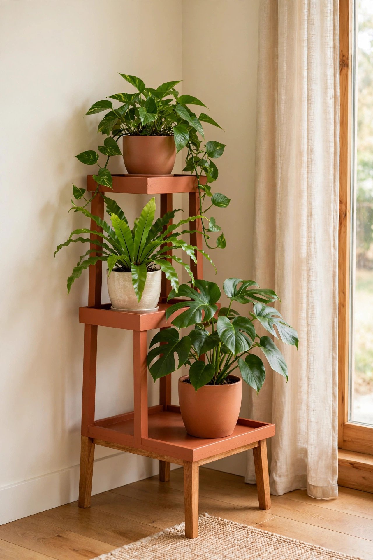 Wooden plant stand painted terracotta holding green plants in a bright corner