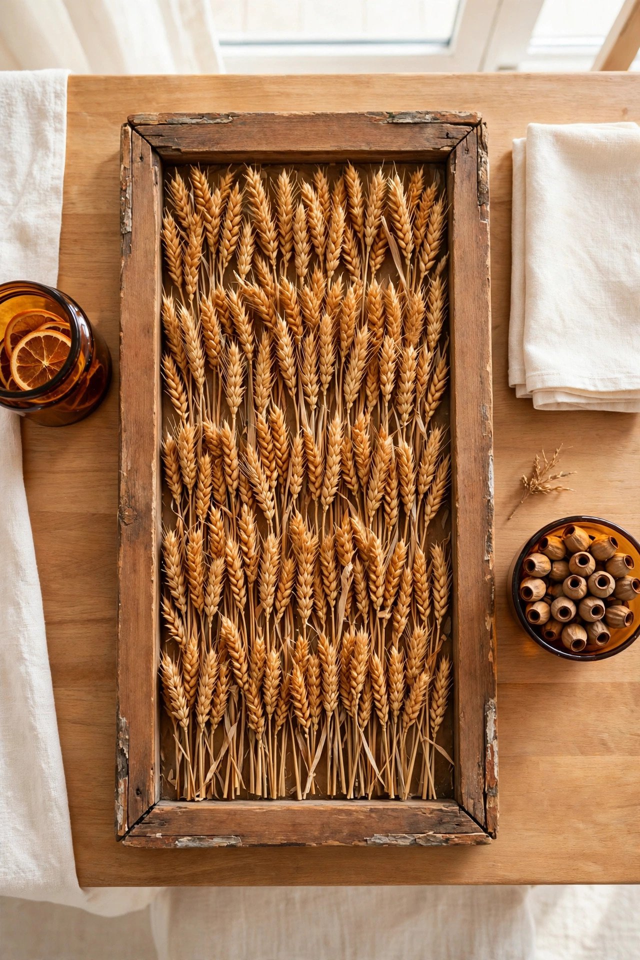 Rustic tray made from an old frame filled with dried flowers