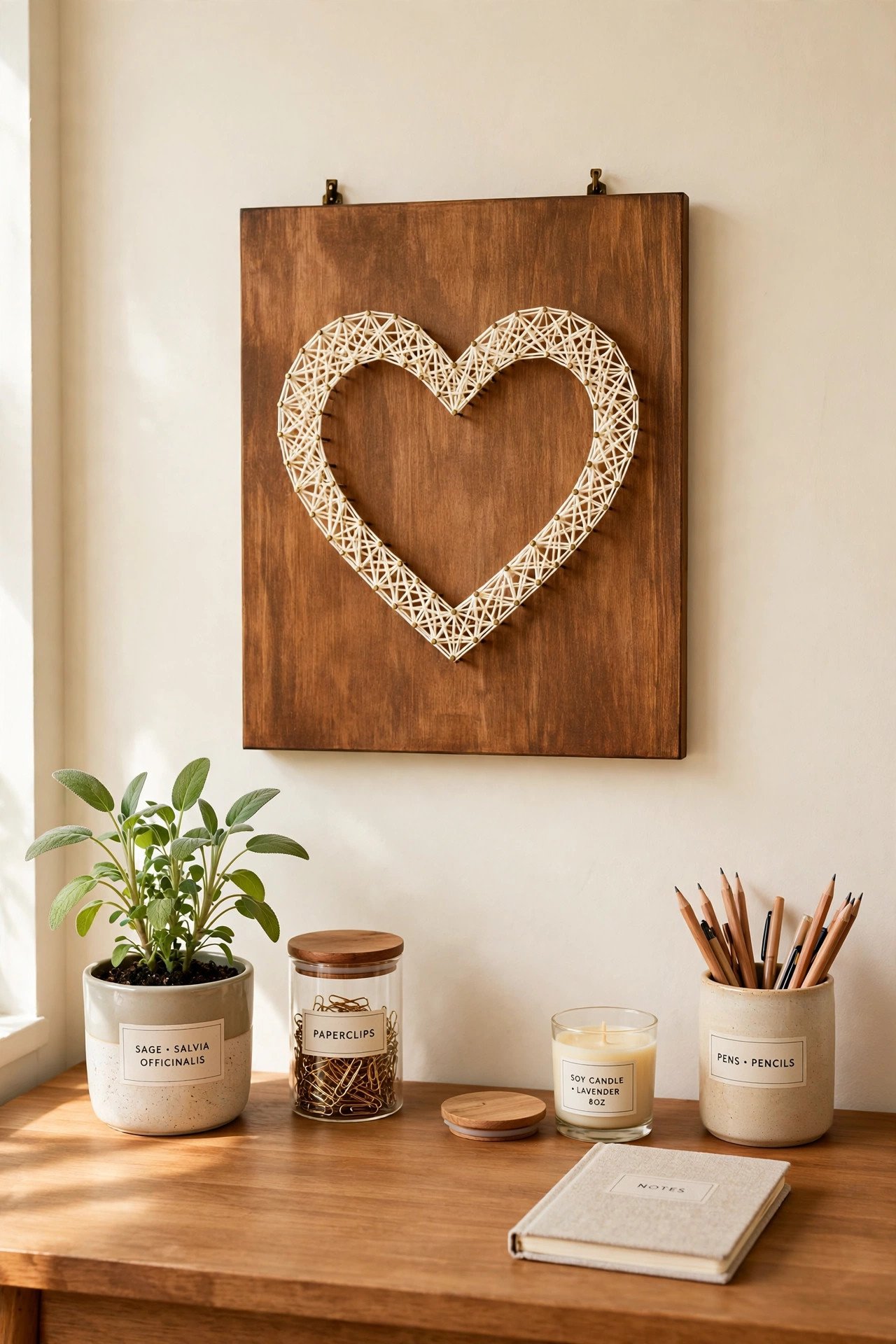 String art on a stained wood board with a simple heart pattern in sage green tones