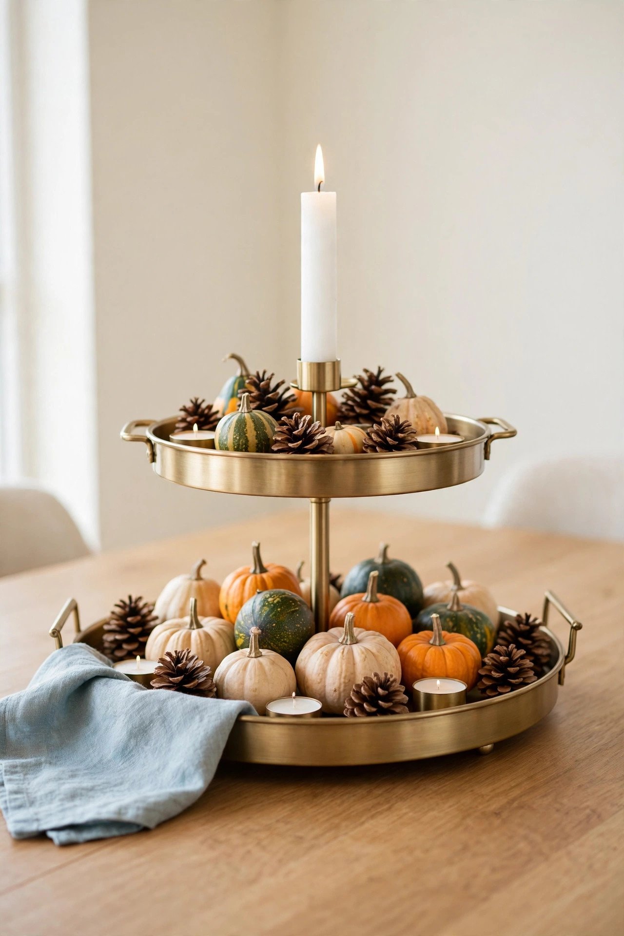 A tiered tray layered with small gourds and candles