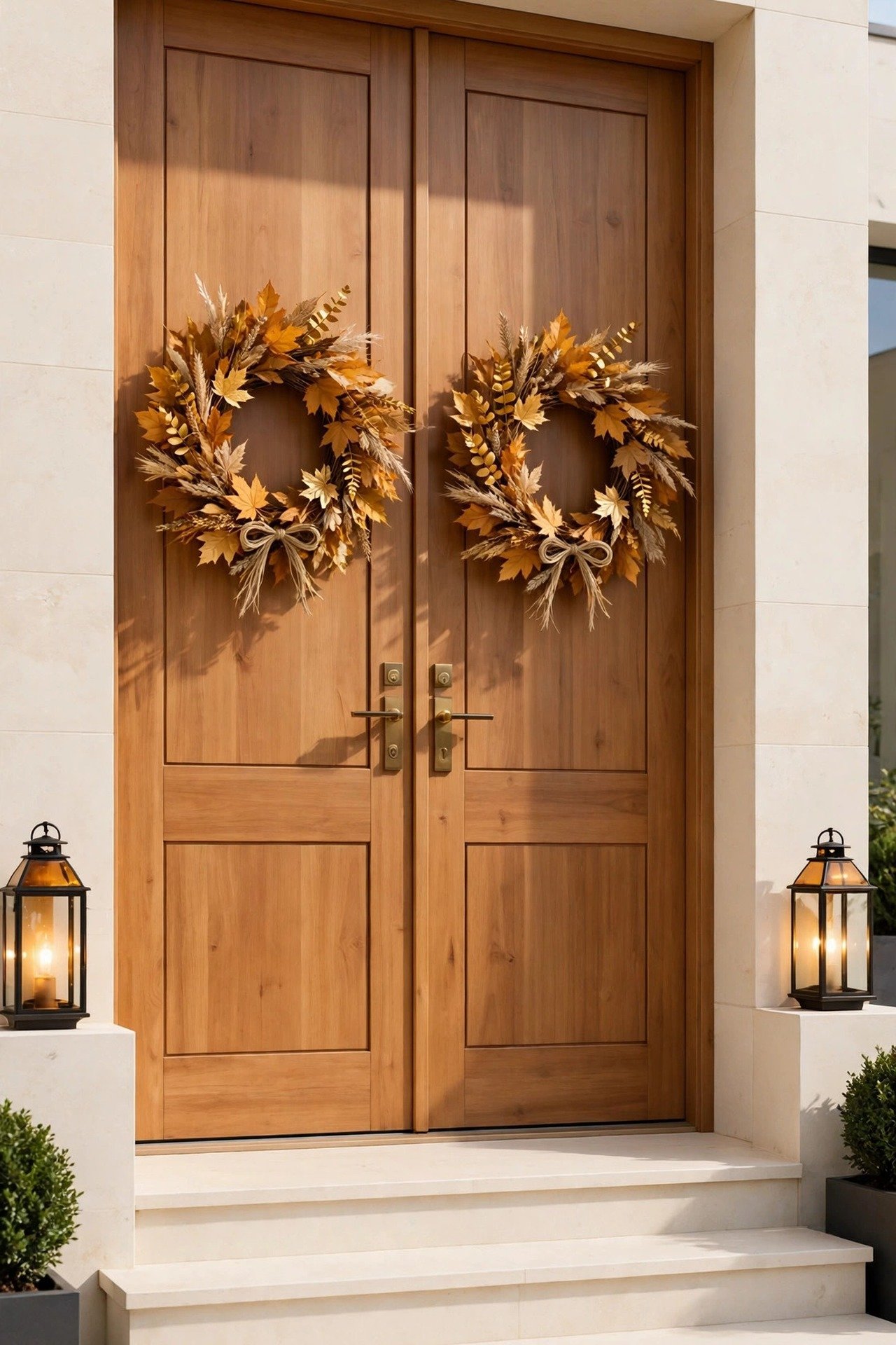 Matching pair of modest amber and gold autumn leaf wreaths on elegant double front doors