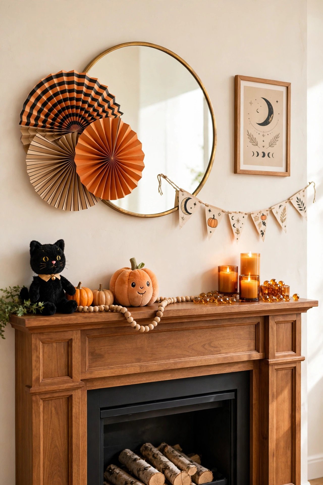 Vintage-style mantel with striped paper fans, black cat doll and pumpkin doll