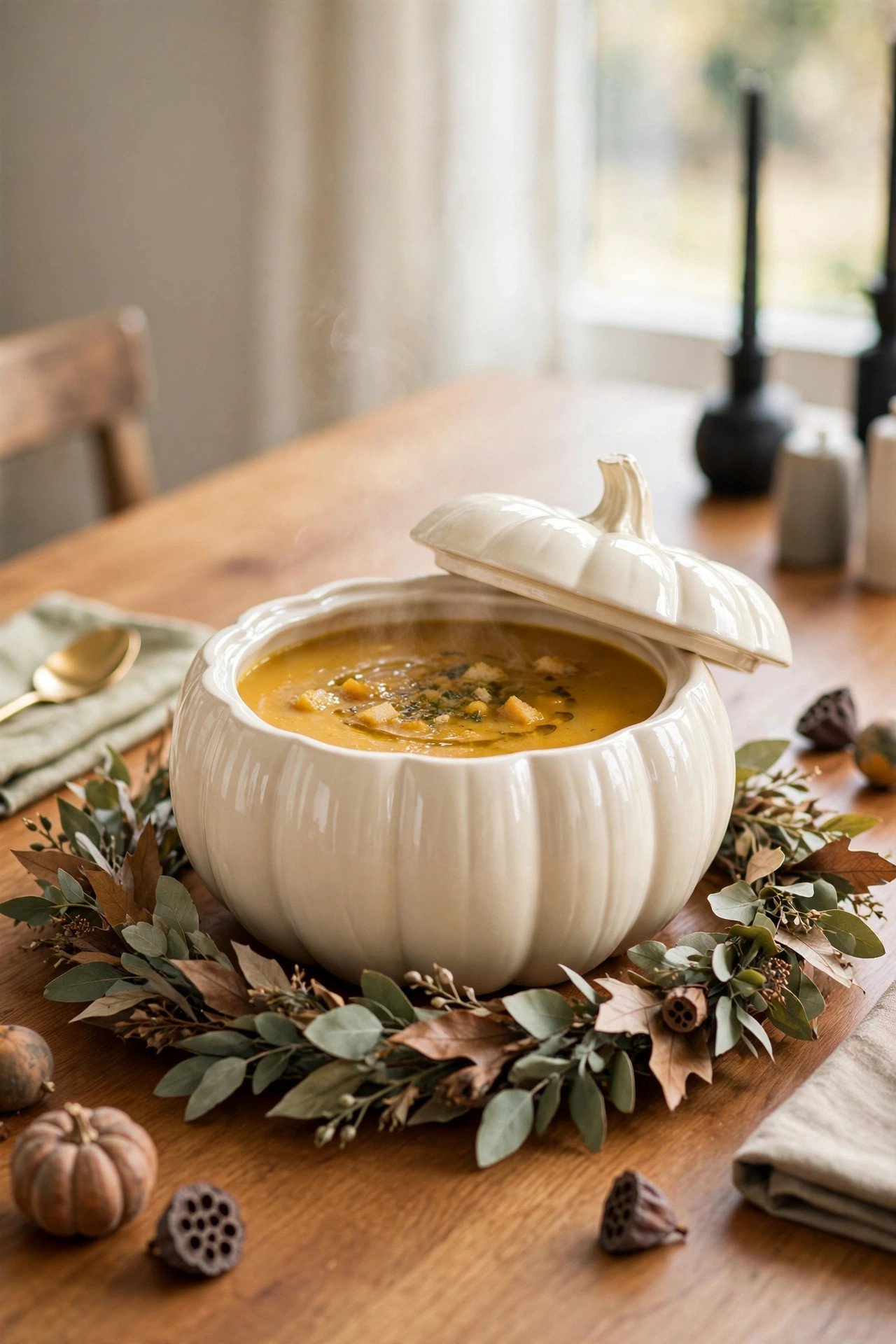 Cream pumpkin tureen filled with soup on a Halloween dinner table