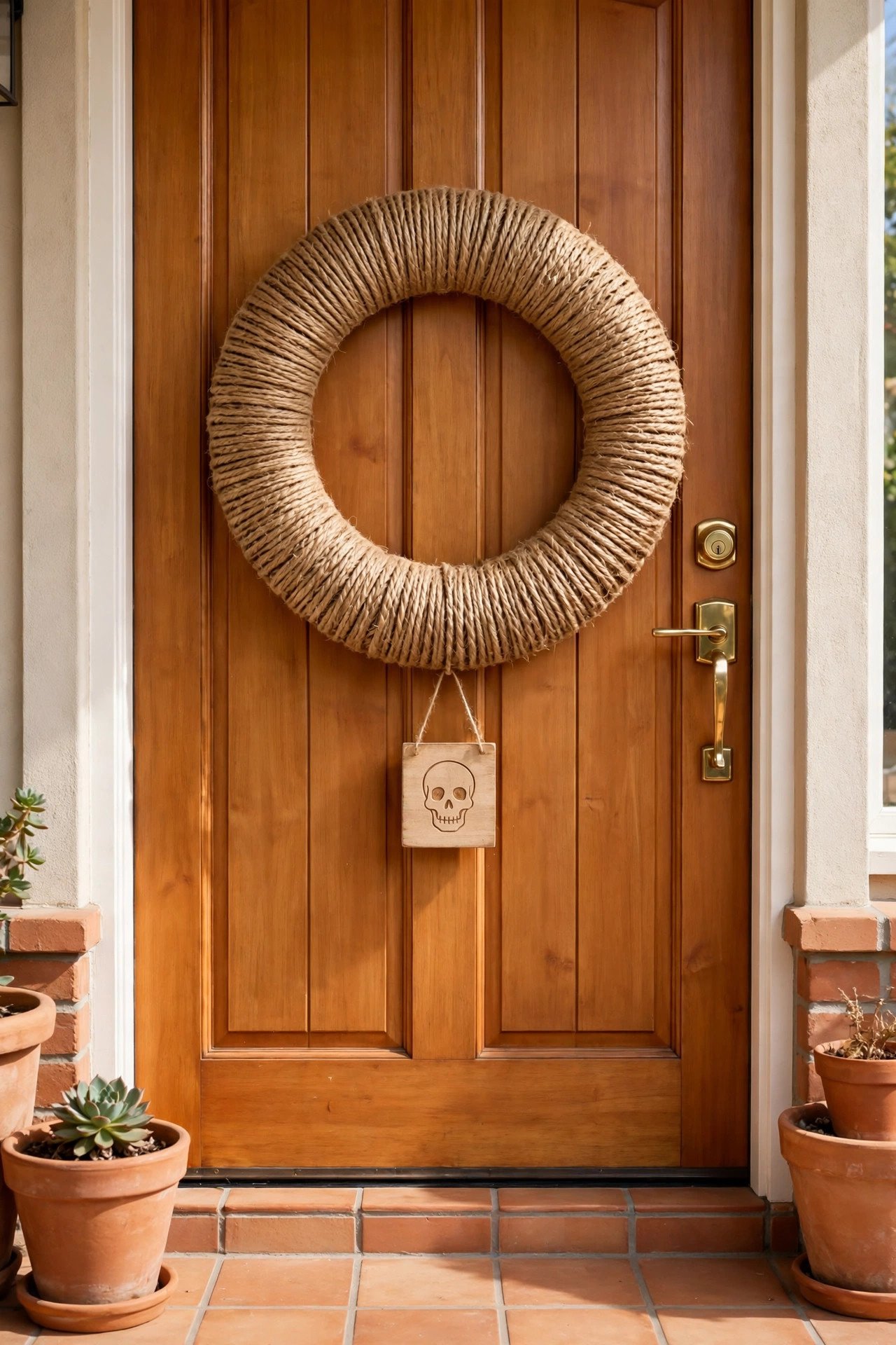 Halloween wreath of jute twine wrapped ring with a small carved wooden sign at the center