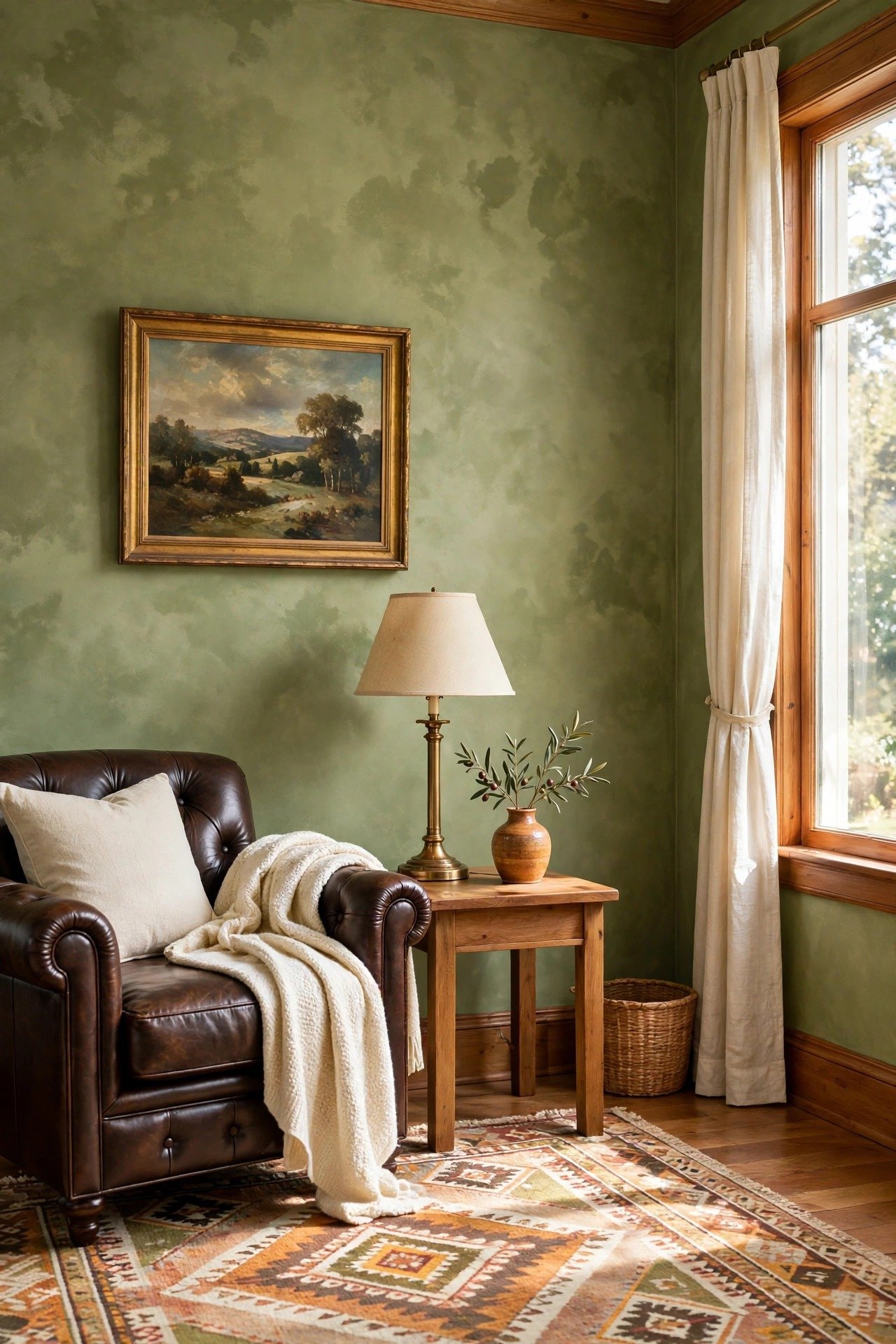 Olive green limewash wall with rich texture in a traditional den with leather armchair