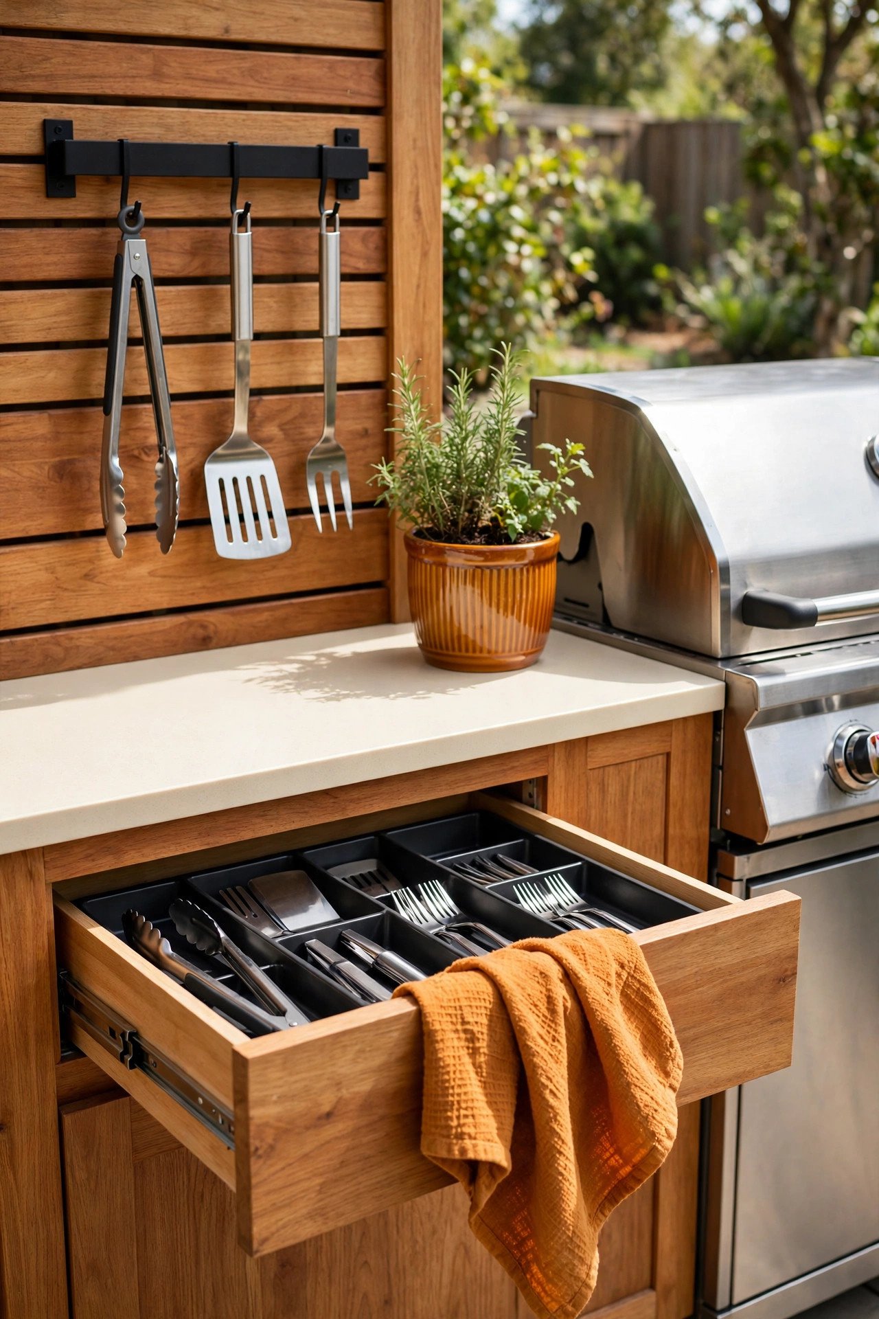 Grilling utensils on a hanging rack beside an outdoor grill with an organized drawer