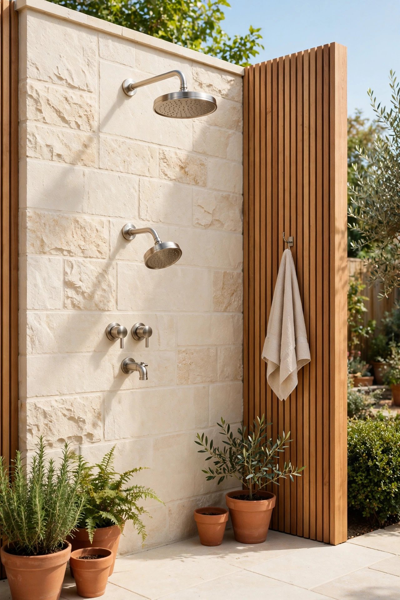 Outdoor shower with two shower heads at different heights and terracotta pots