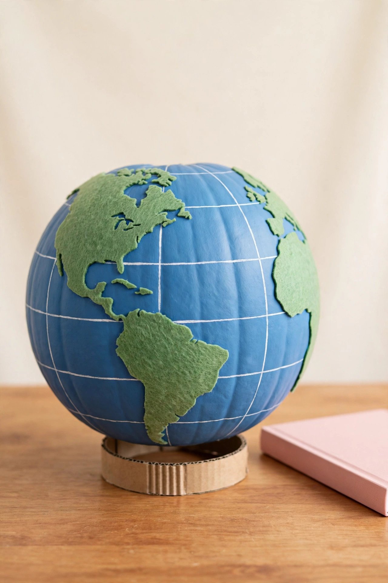 Round blue pumpkin painted as a globe with green continents and white latitude lines