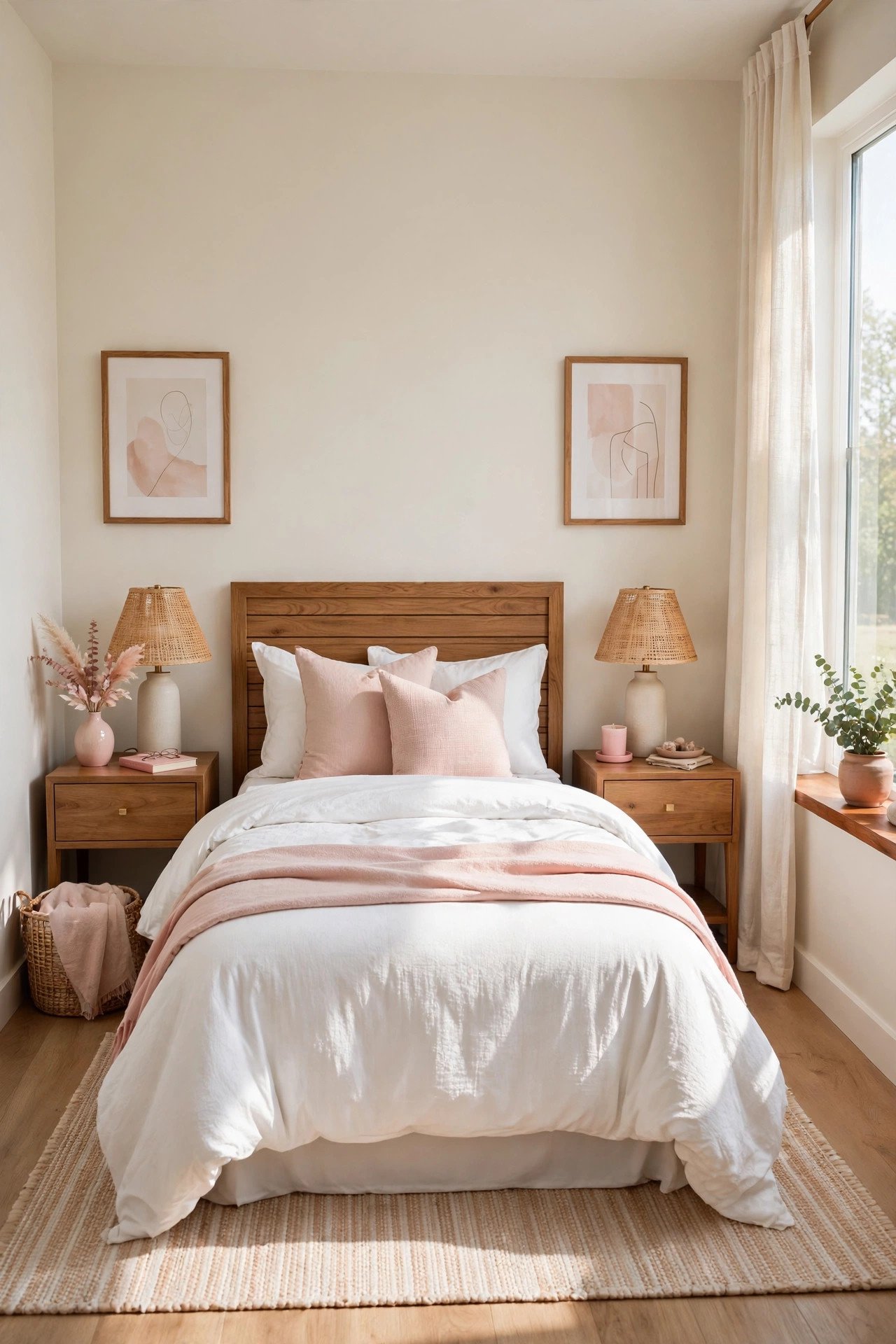 Sleek simple small guest room layout with crisp white bedding, warm wood accents, and symmetrical matching nightstands