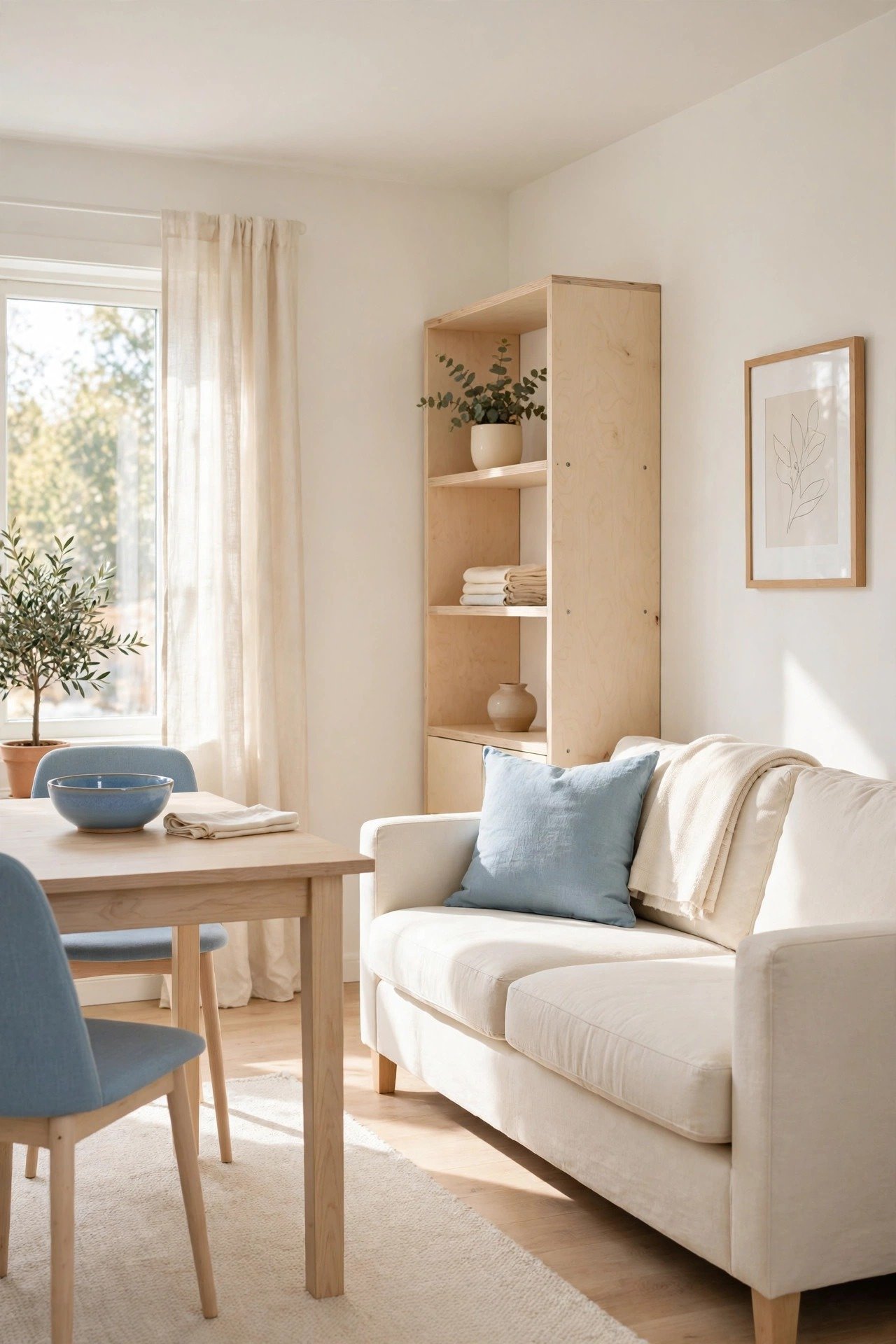 Light wood finishes brightening a small living dining combo, pale oak table and birch shelf in a sunny room