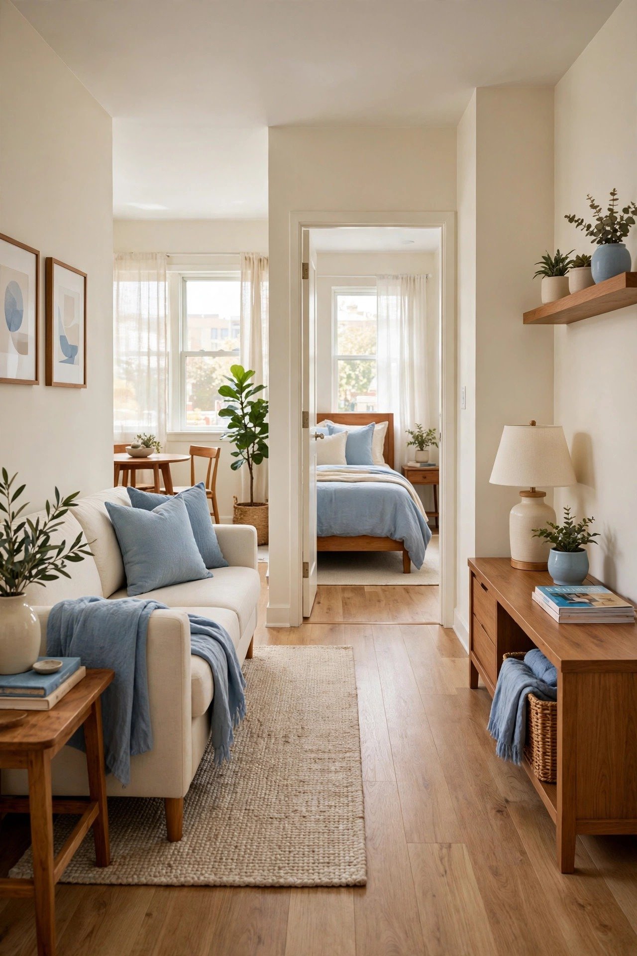 Small one bedroom apartment layout ideas showing a clear walking path through a small living room with furniture arranged to the sides