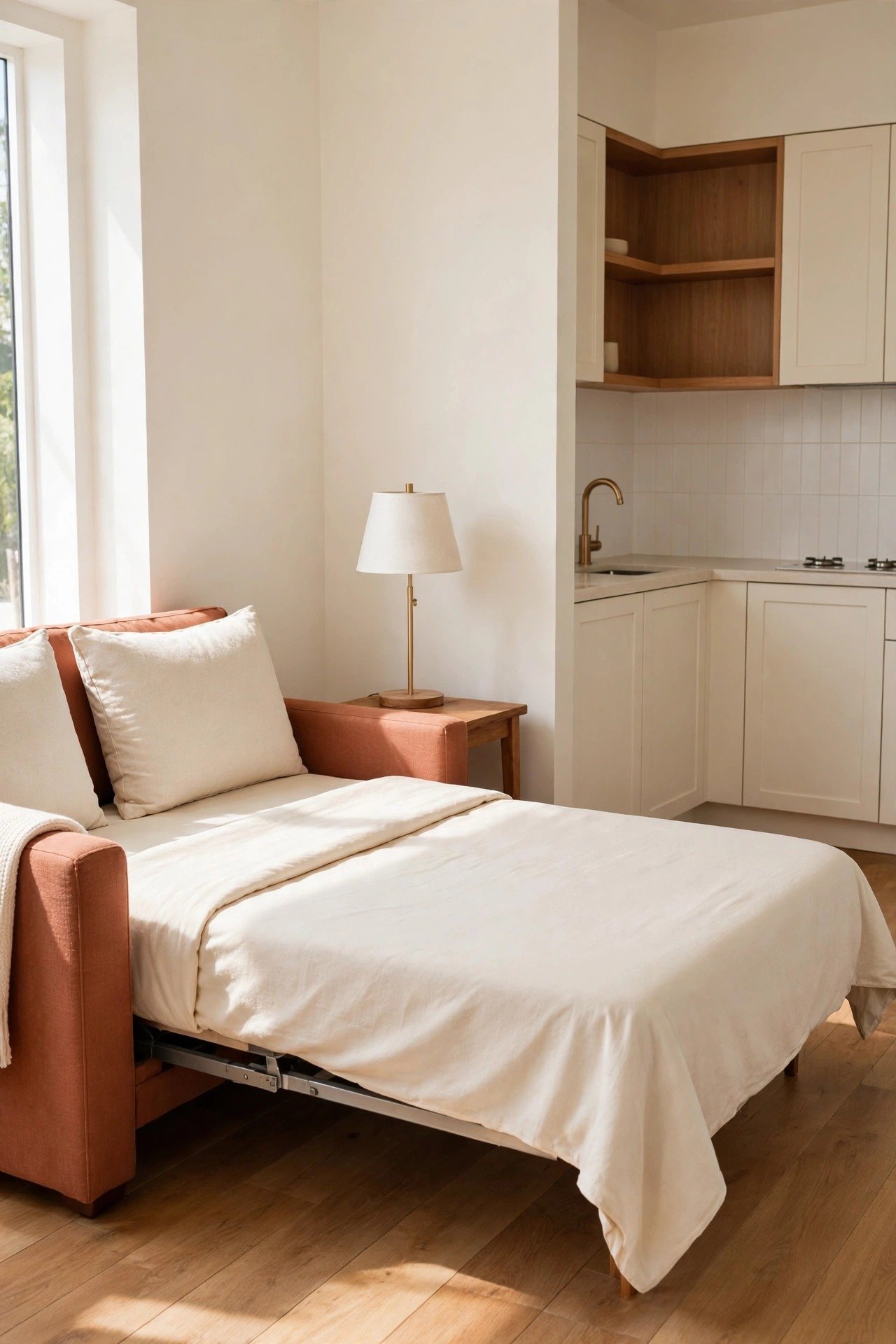 Tiny studio apartment layout idea with a sleeper sofa that converts into a guest bed in terracotta and cream