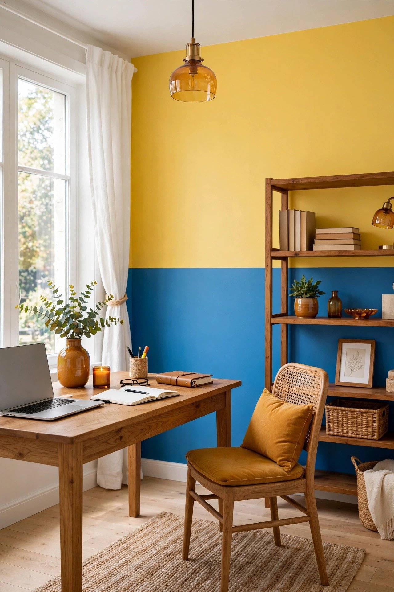 Blue and yellow two tone wall paint ideas with vibrant blue and sunny yellow in a cheerful home office