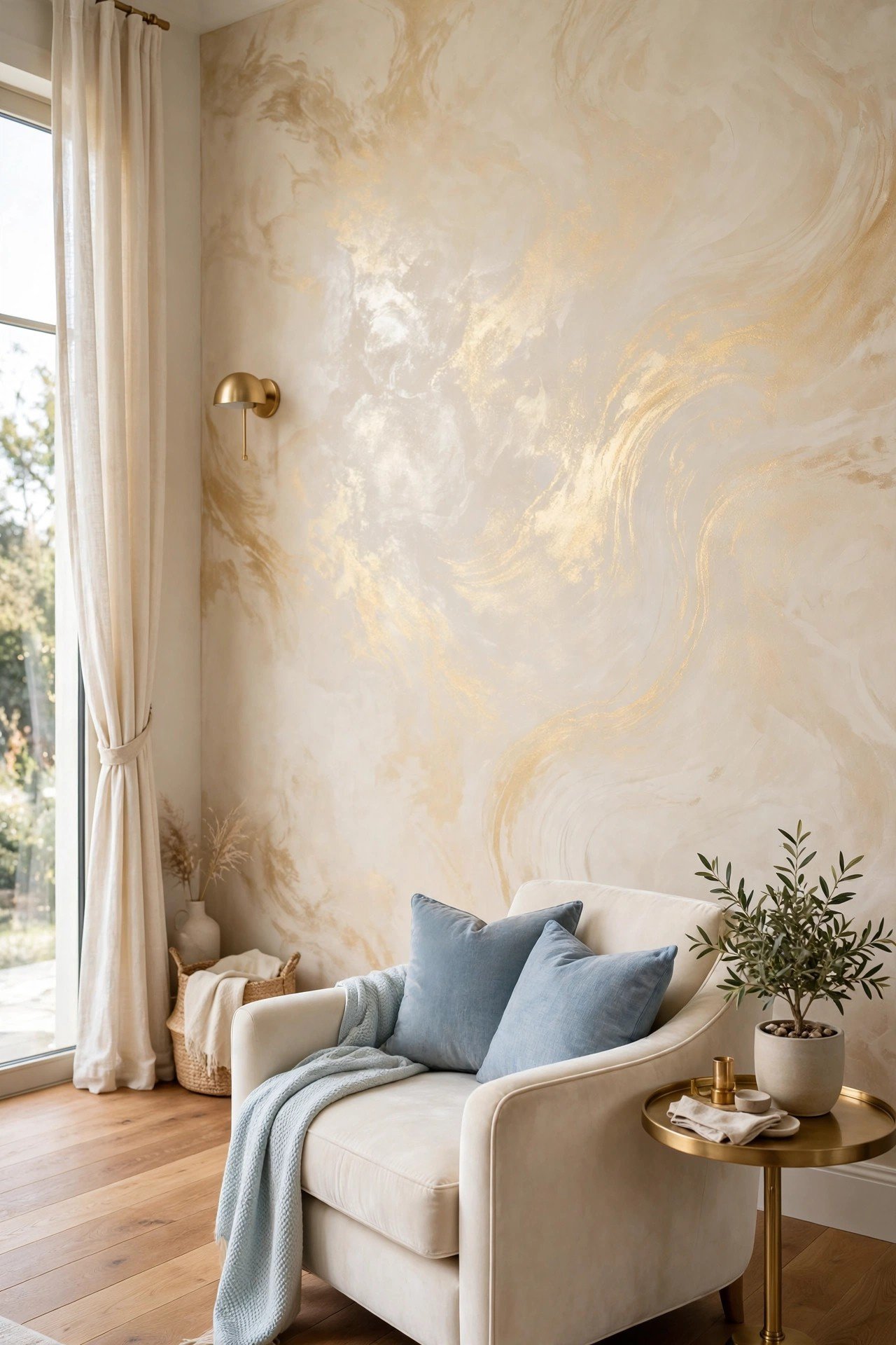 Venetian plaster wall with subtle gold metallic sheen in an elegant sitting room