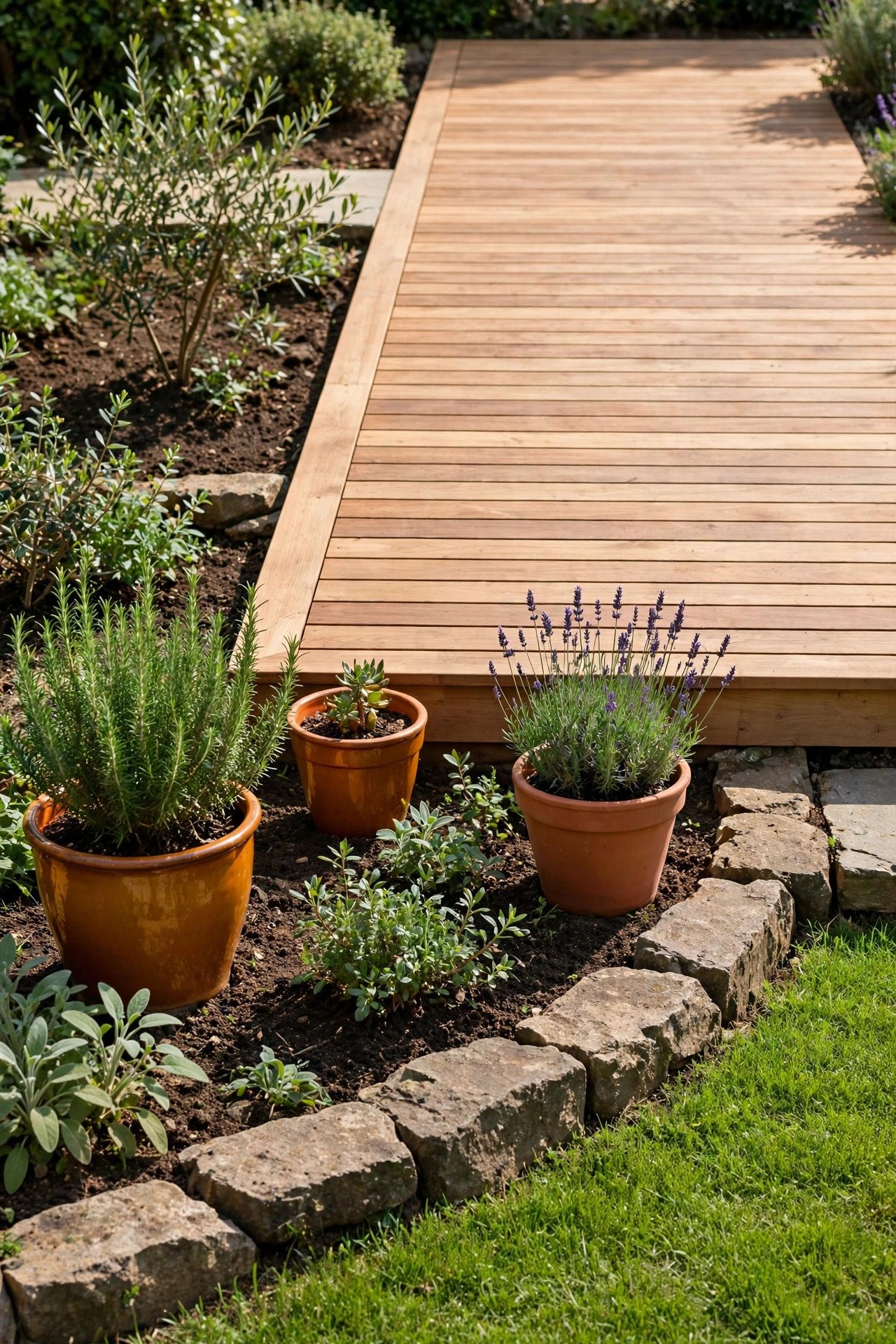 Wooden deck beside grass and stone with natural garden edge