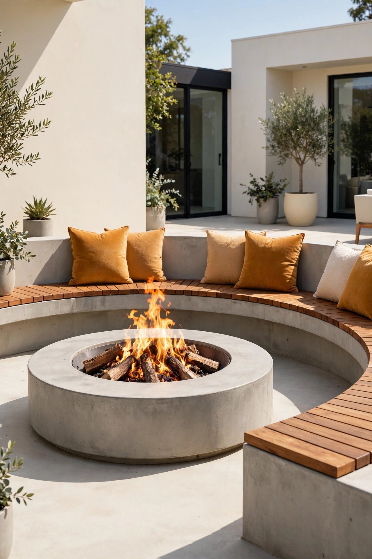 Built-in concrete bench surround with wood seating and amber cushions