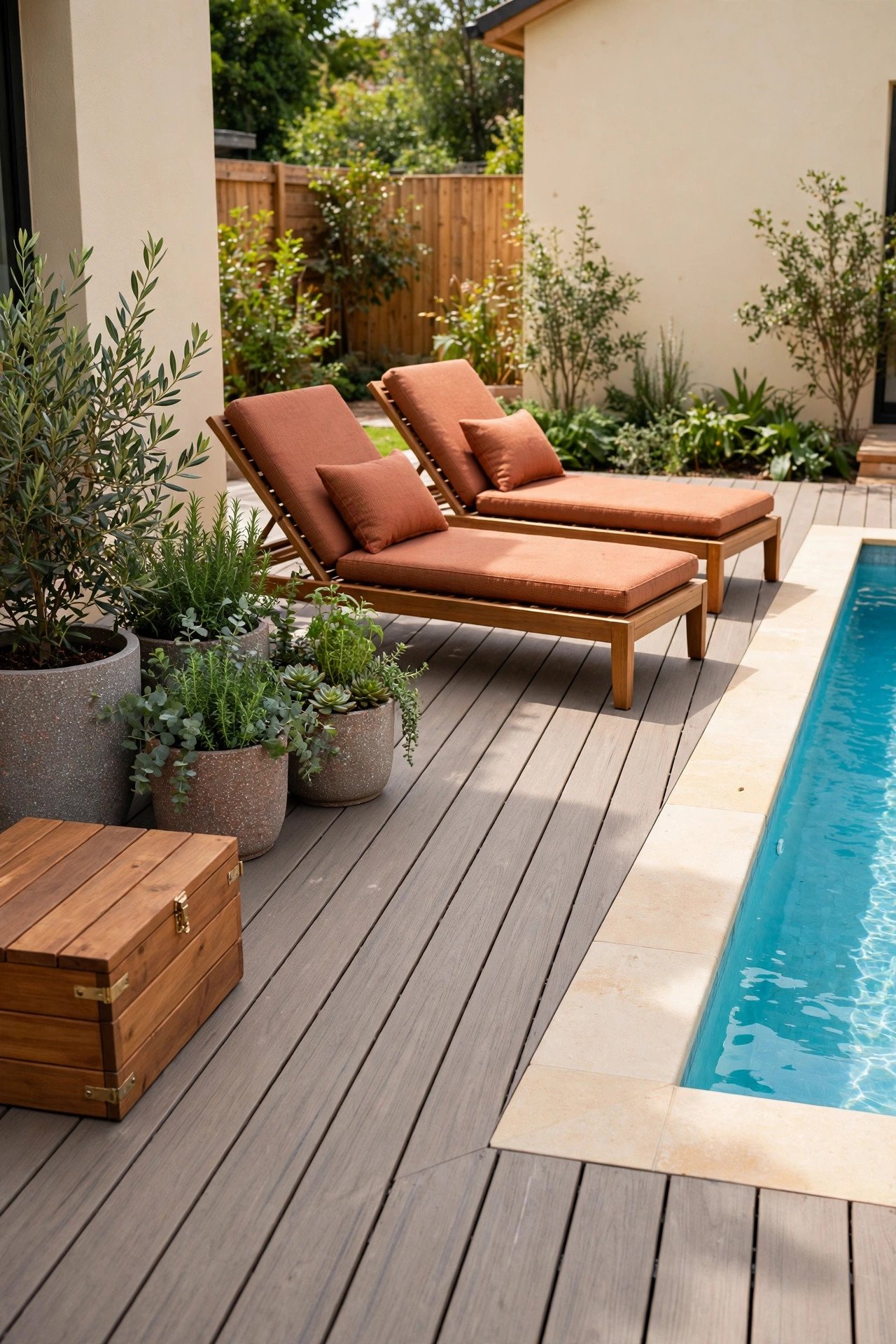 Eco-friendly composite pool deck in warm gray tones