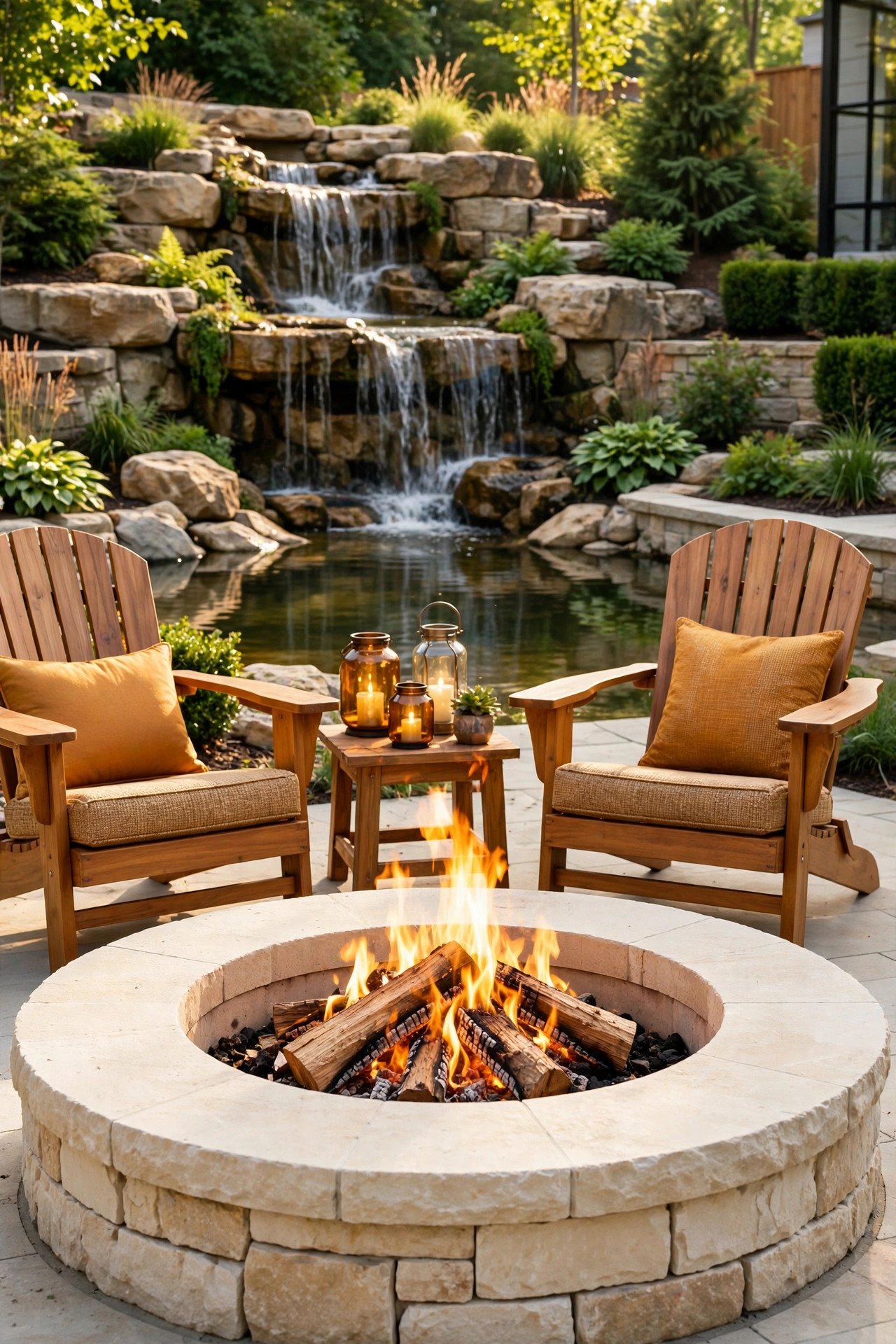 Fire pit beside a rock waterfall in a backyard