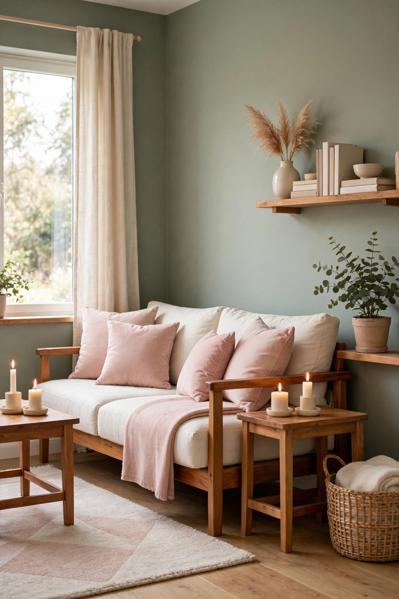 Muted green living room with candles, cushions, and simple wooden furniture
