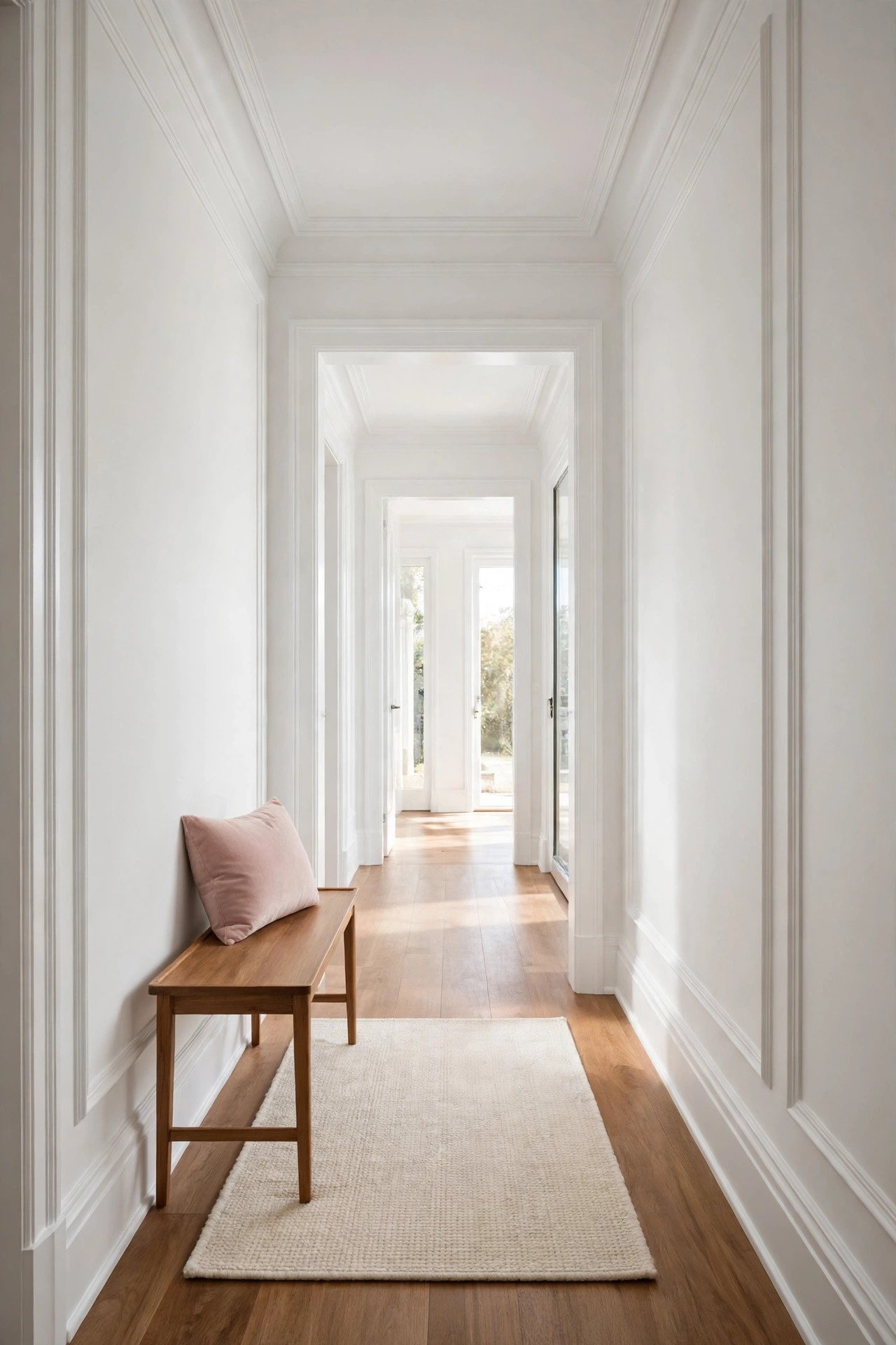 Sunlit hallway with white wall molding, a slim bench, and soft daylight highlighting the trim lines