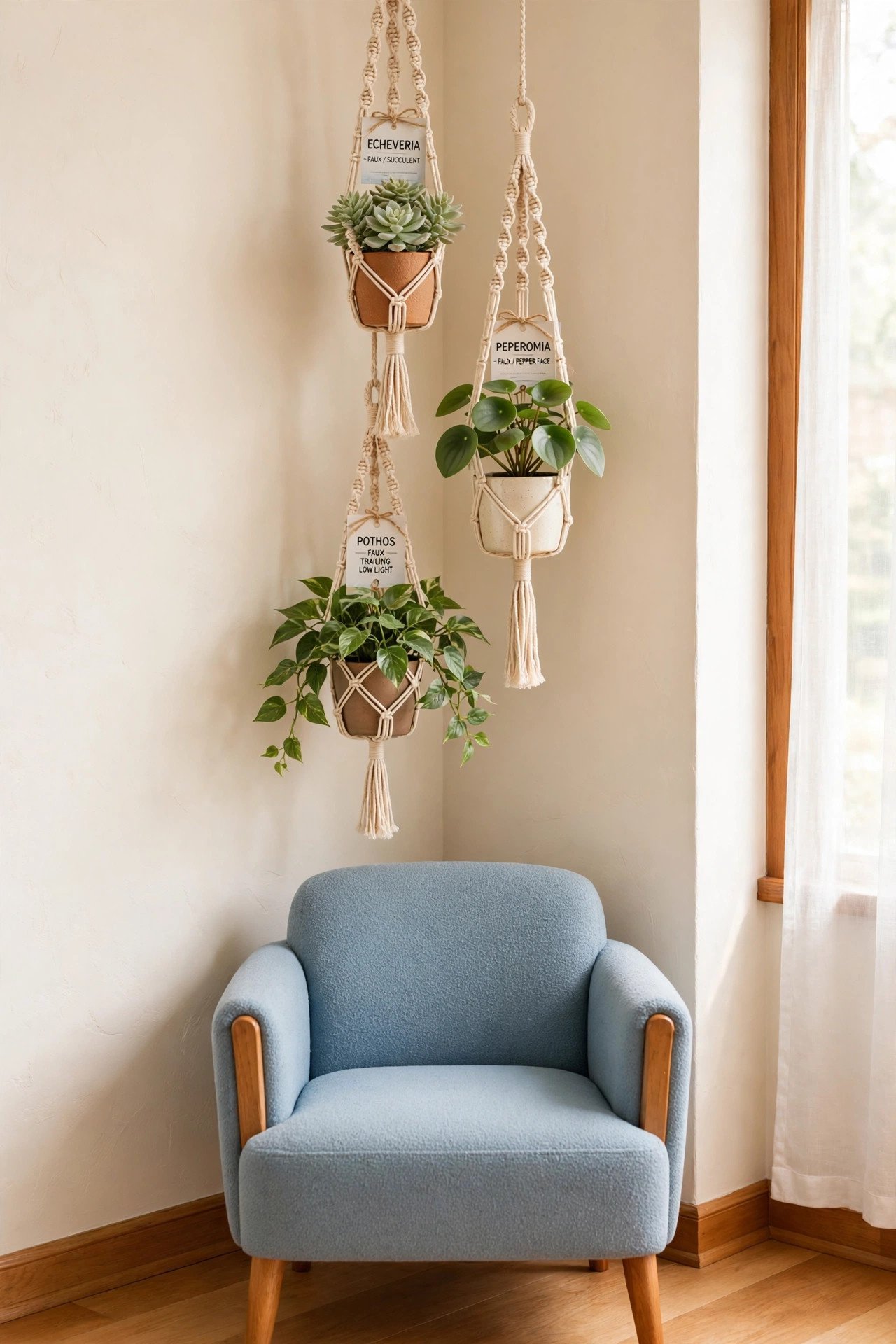 Hanging fake plants in macrame hangers clustered in an empty corner in soft blue tones