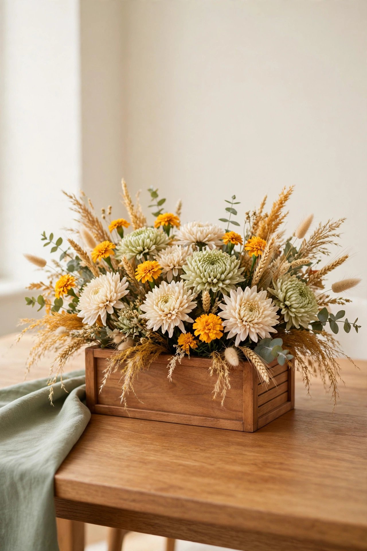 Fall flowers arranged in a low wooden box centerpiece