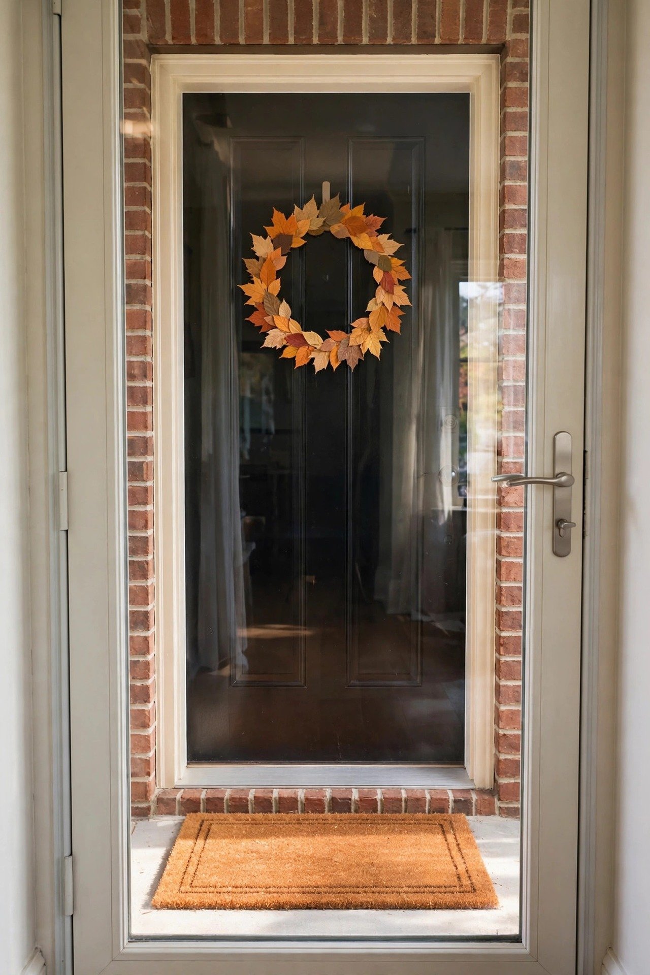 Thin flat wreath of pressed autumn leaves seen through the glass of a storm door on a brick home