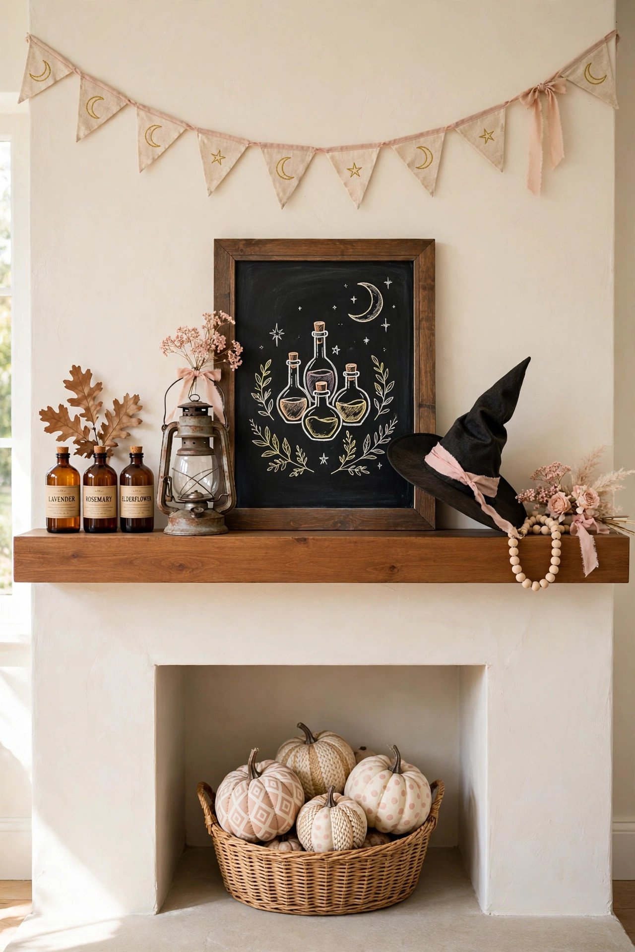 Farmhouse mantel with a chalkboard potion drawing, amber glass bottles and lantern