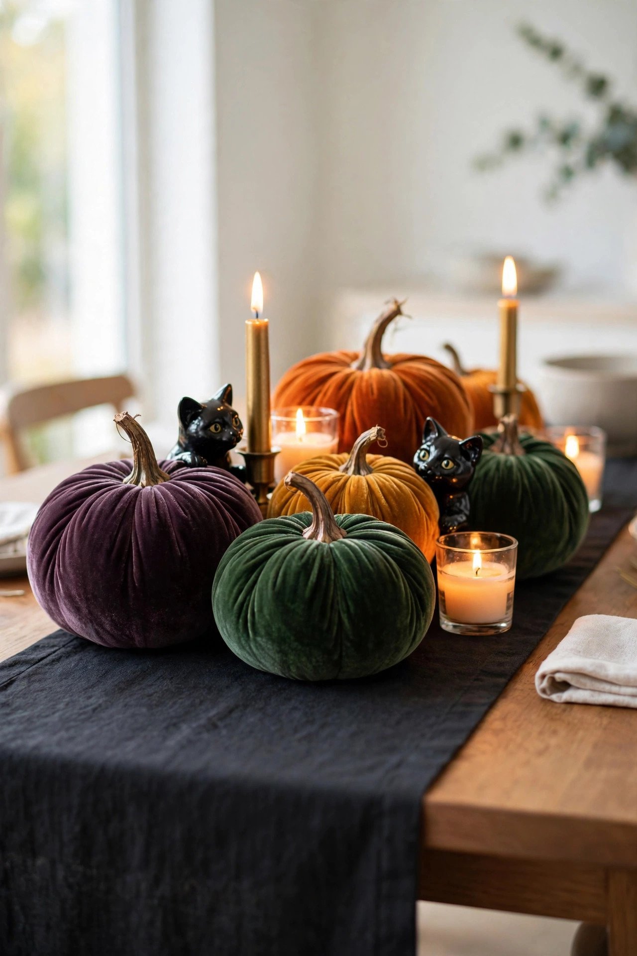Small black cat figurines peeking out between pumpkins on a Halloween table