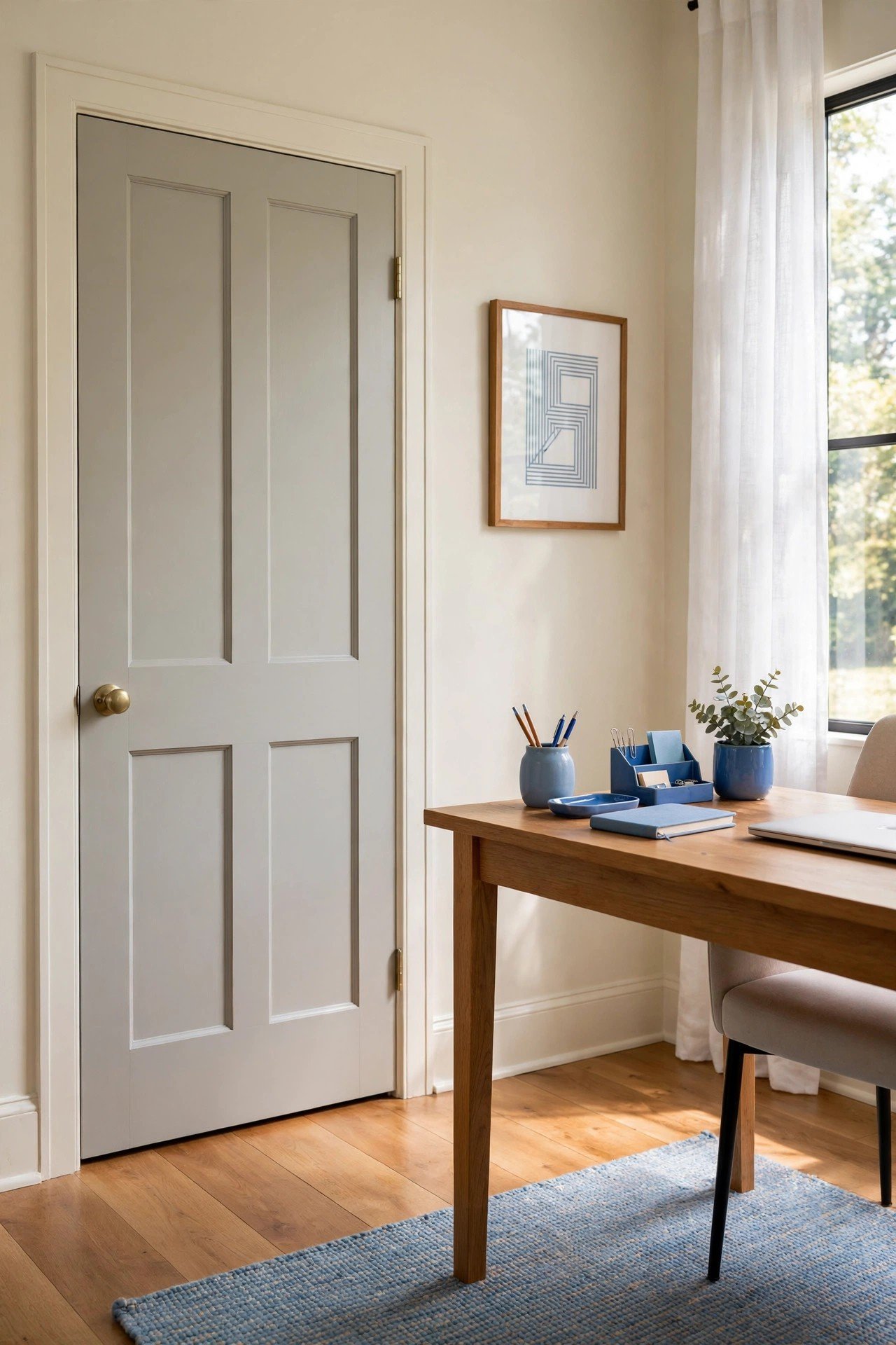 Subtle mushroom gray painted interior door with soft warm neutral tone