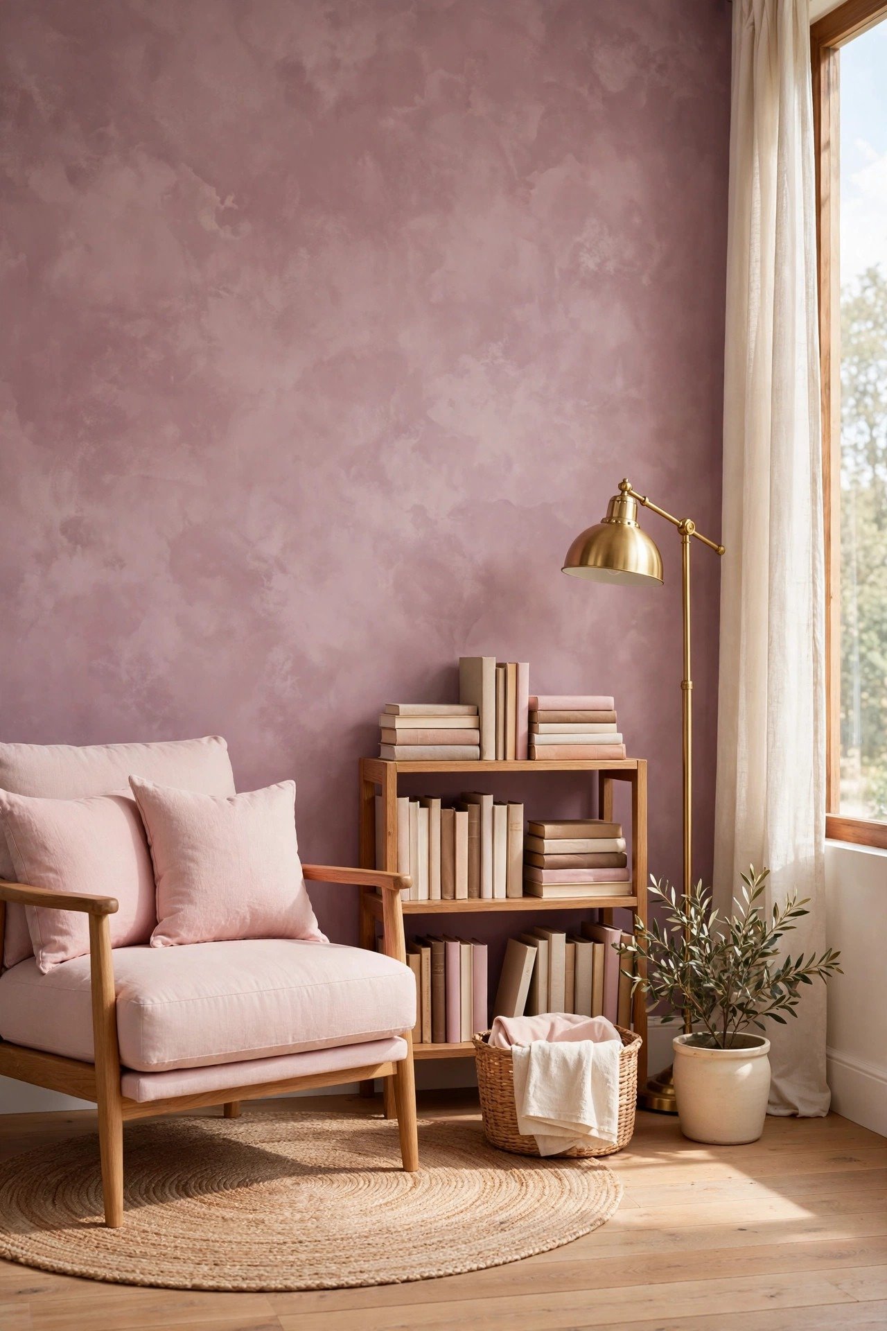 Mauve limewash wall with soft texture in a reading nook with armchair and bookshelf