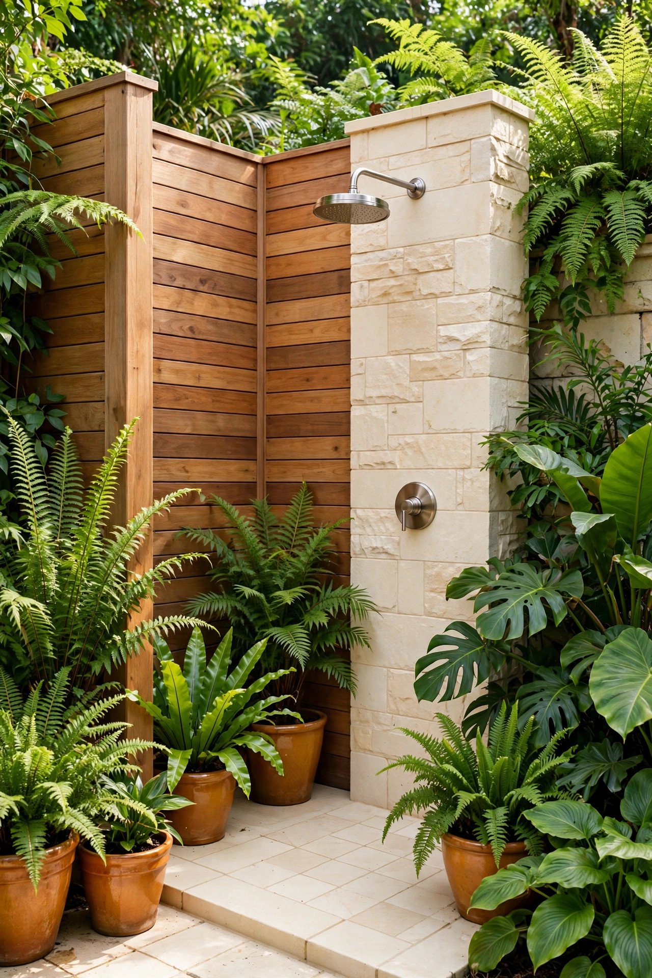 Outdoor shower surrounded by lush water-loving plants with amber accents