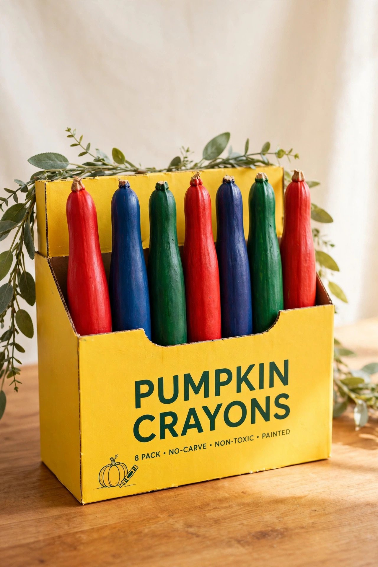 Several small pumpkins painted in bright crayon colors tucked into a yellow painted cardboard box