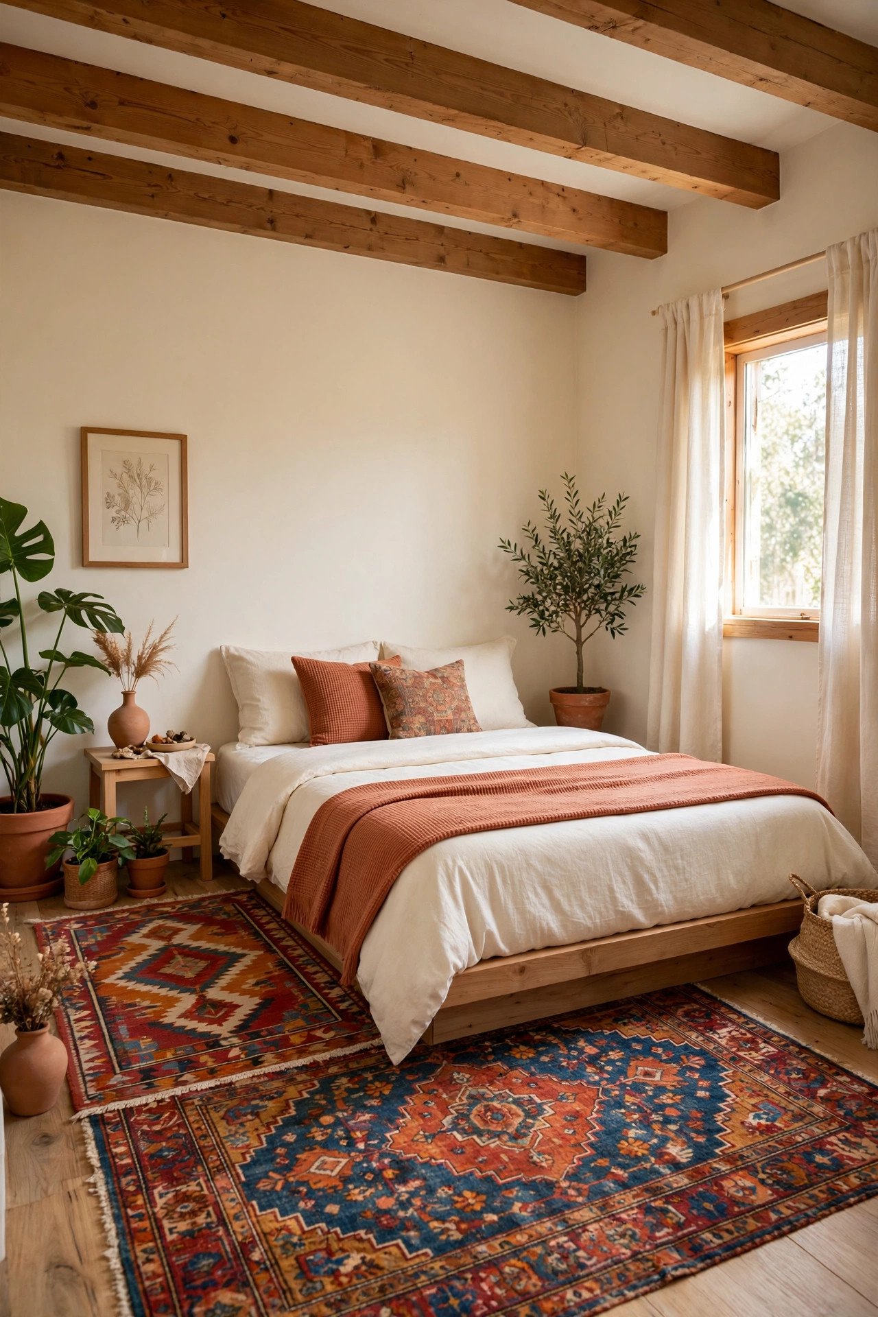 Wood beam small guest room hideaway with a low platform bed, colorful vintage rugs, and plants in the corners