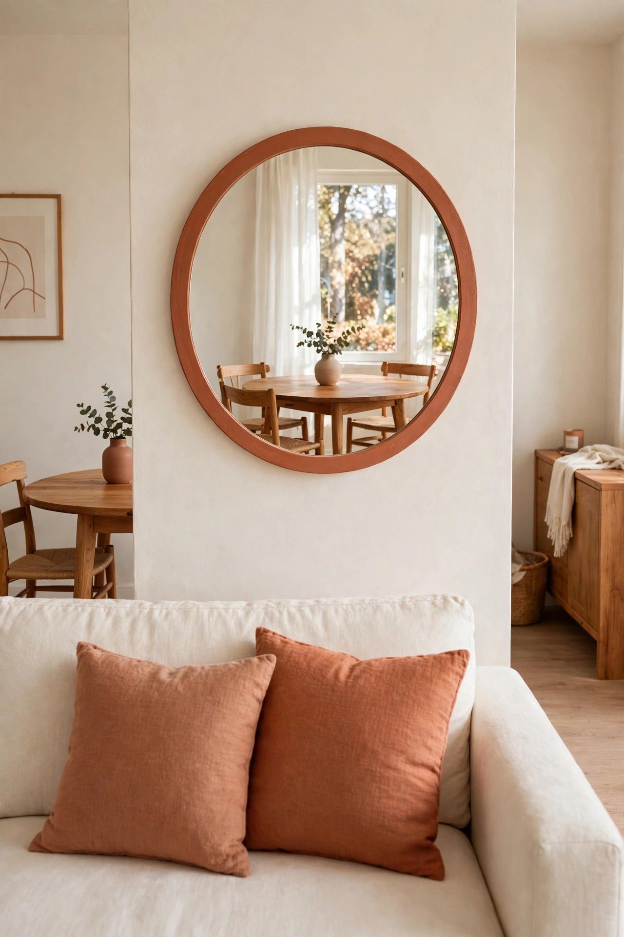 Well-placed mirror adding depth to a small living dining combo, reflecting the dining table and window light