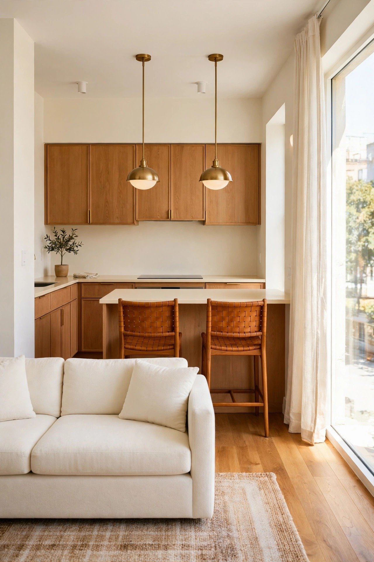 Tiny studio apartment layout idea with an open-concept kitchen flowing into the living area in amber and cream